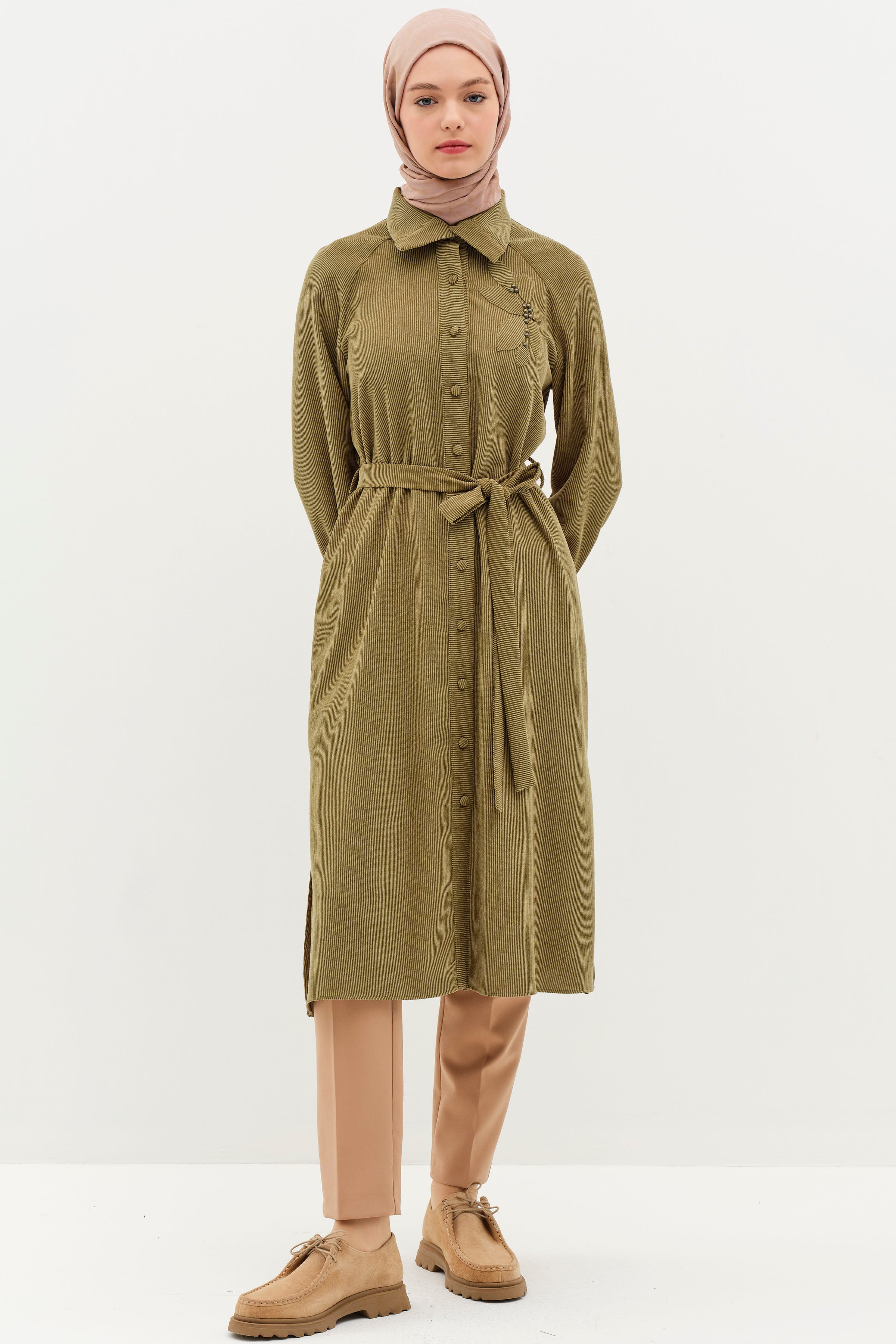 İncili Lazer Nakışlı Tunik - Haki TUGBA