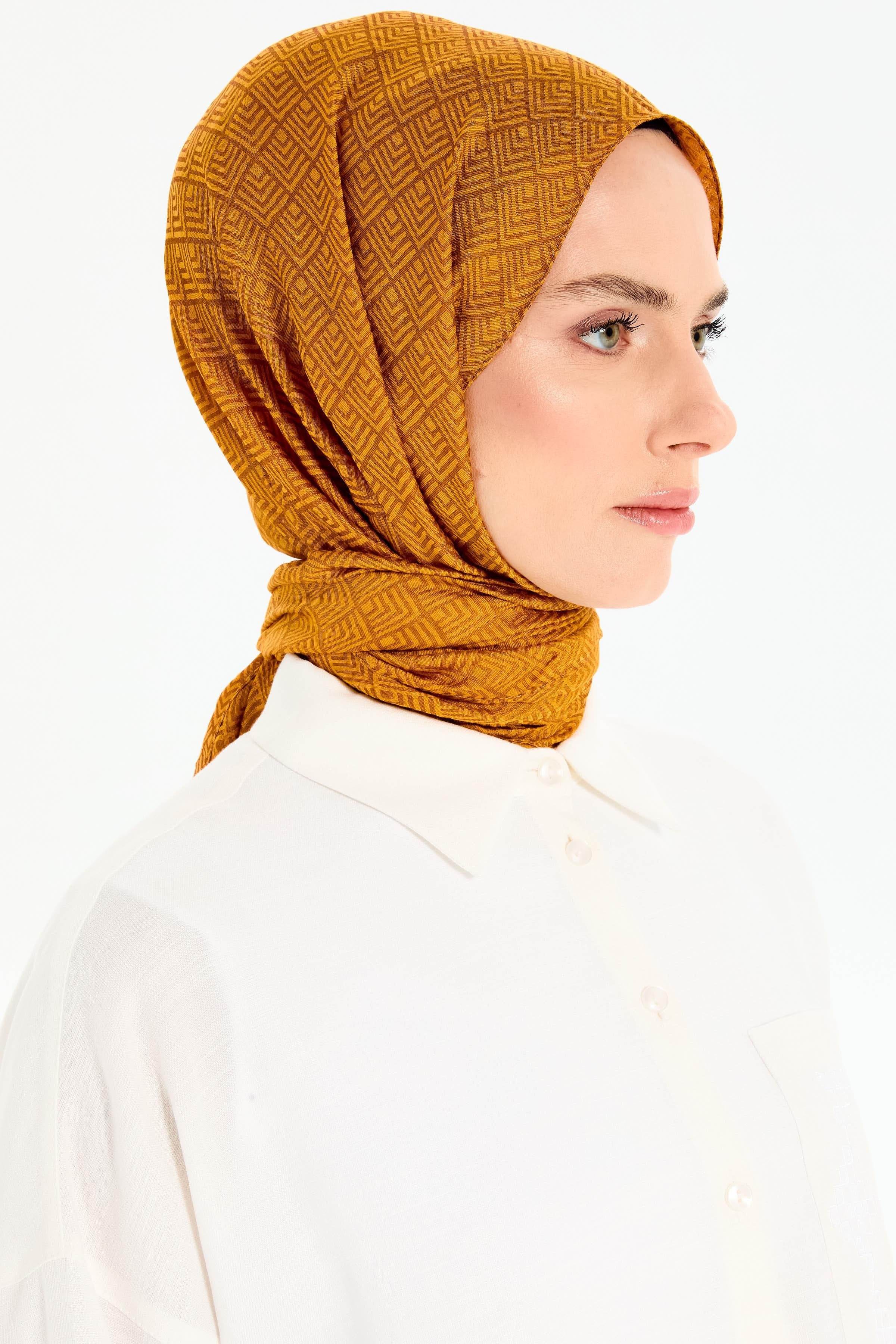 Geometrik Desen Viskon Şal - Hardal TUGBA