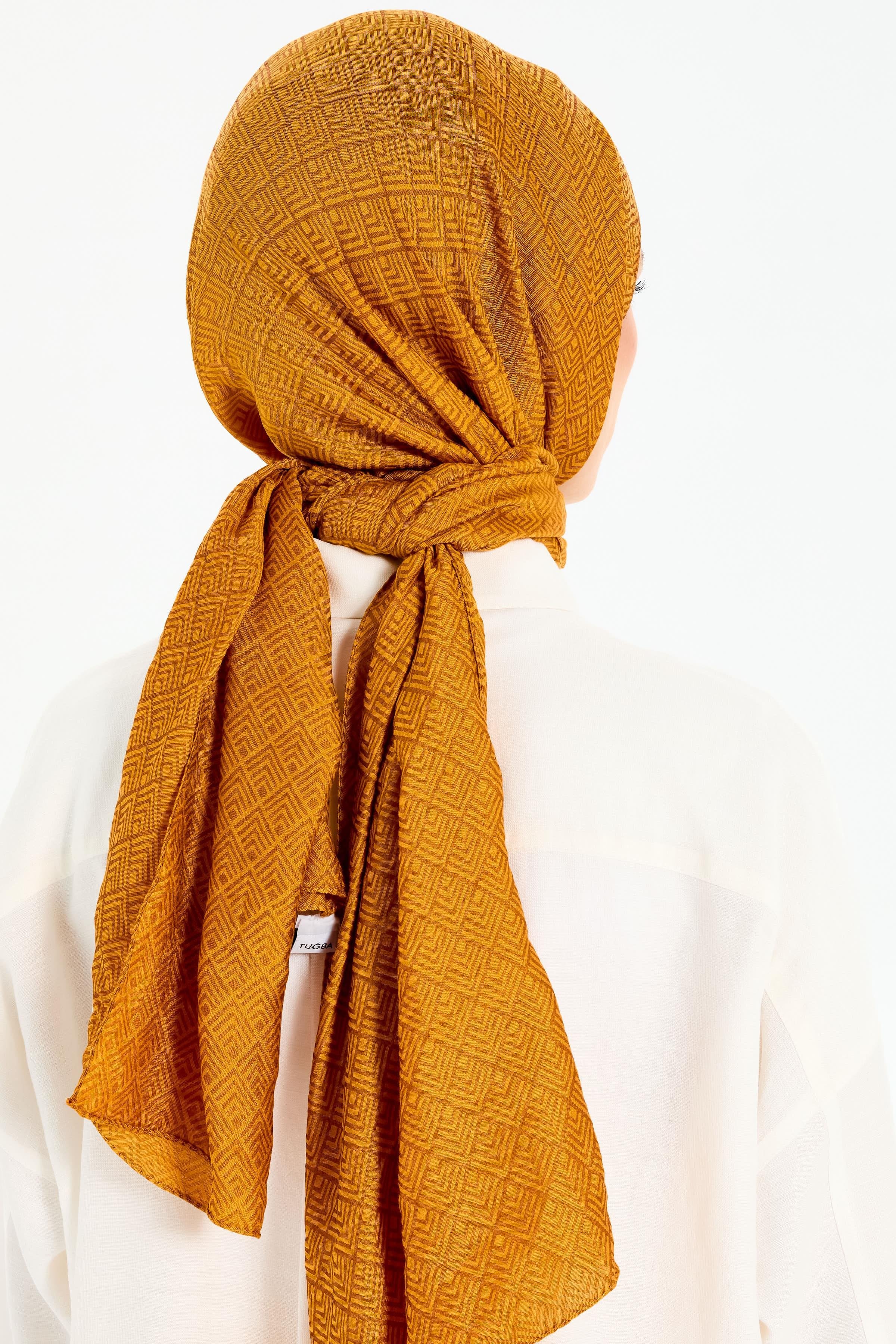 Geometrik Desen Viskon Şal - Hardal TUGBA
