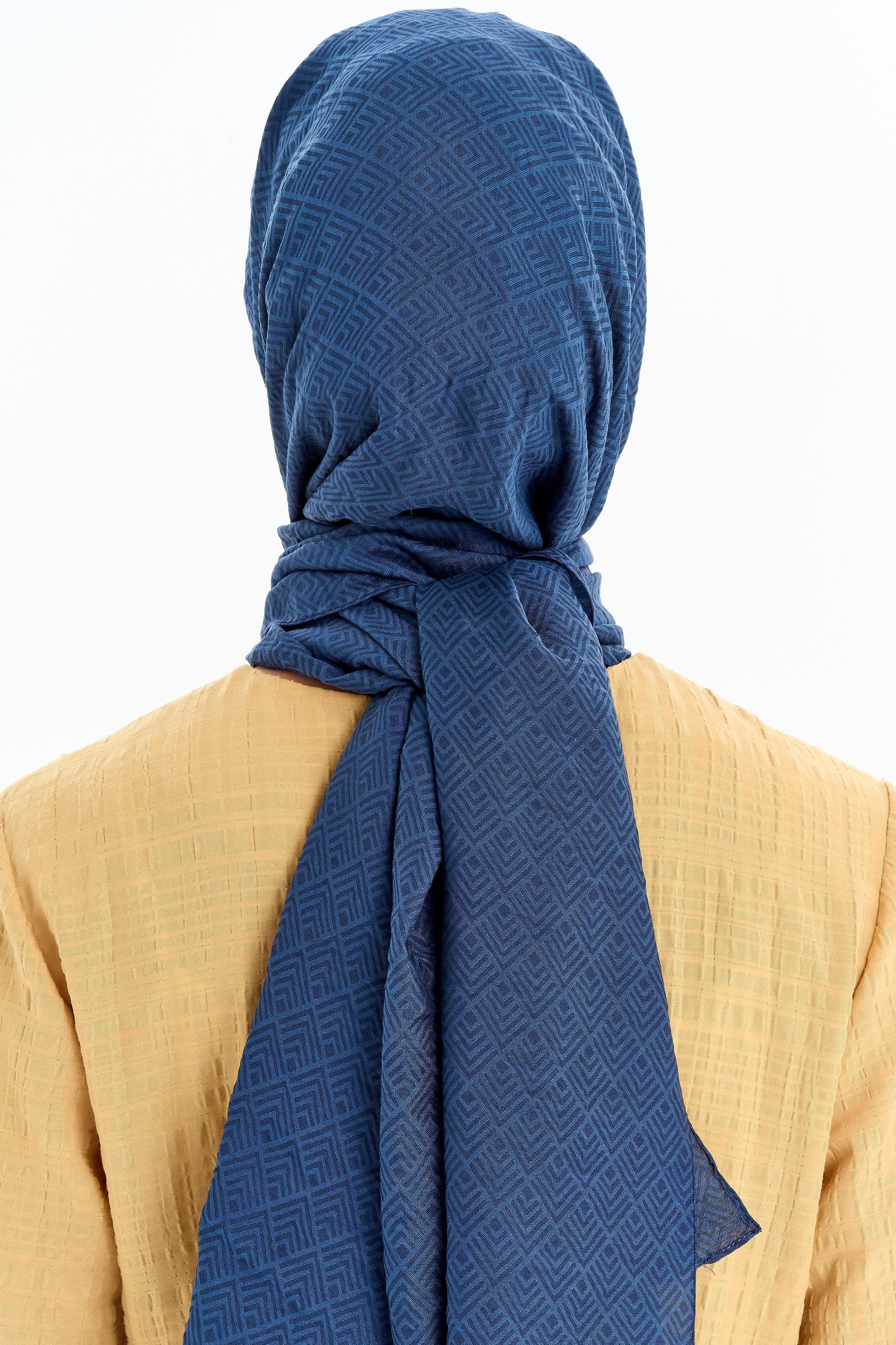 Geometrik Desen Viskon Şal - İndigo TUGBA