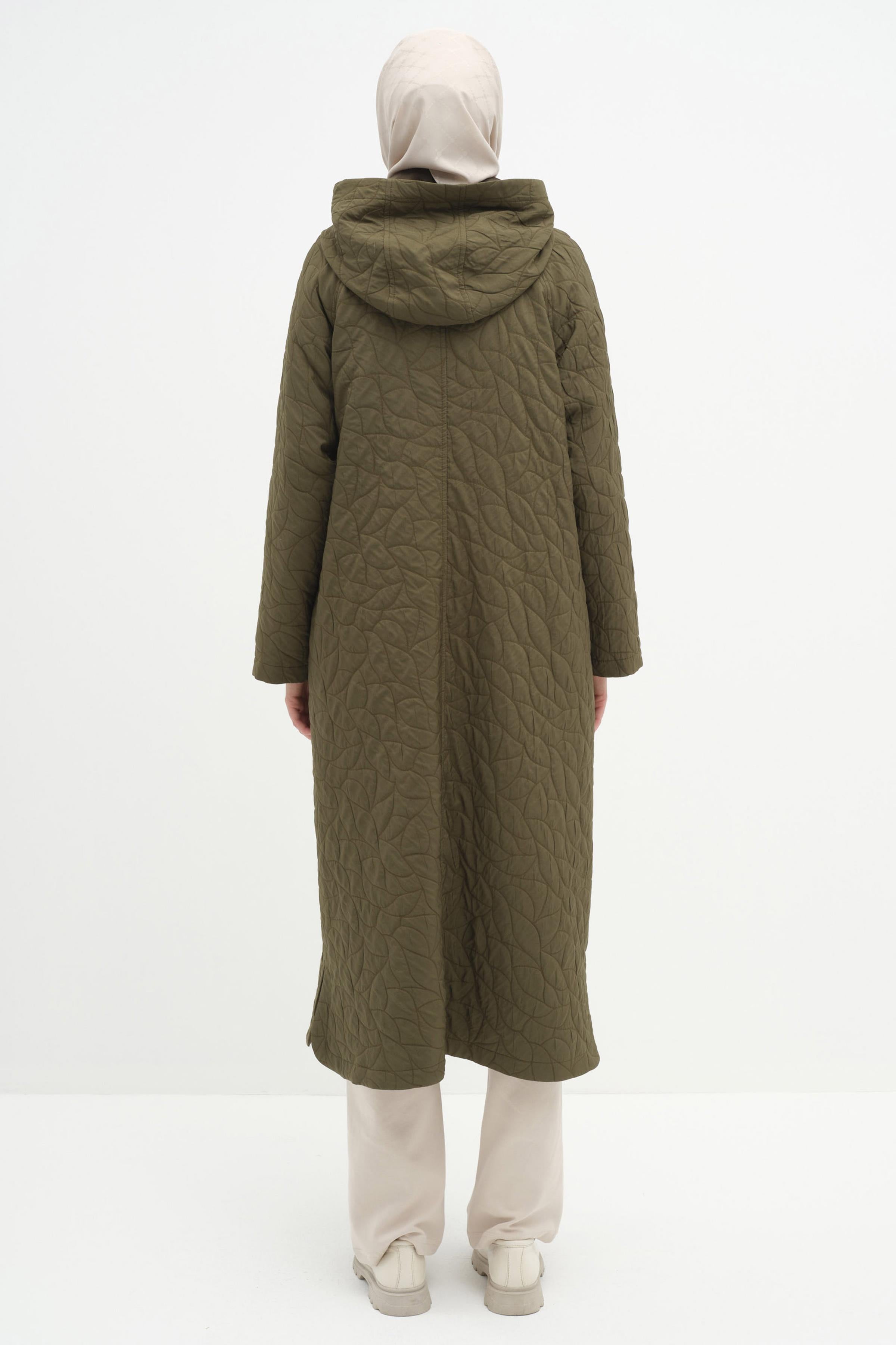 Kapüşonlu Çıtçıt Kapamalı İnce Kapitone Kap - Haki TUGBA