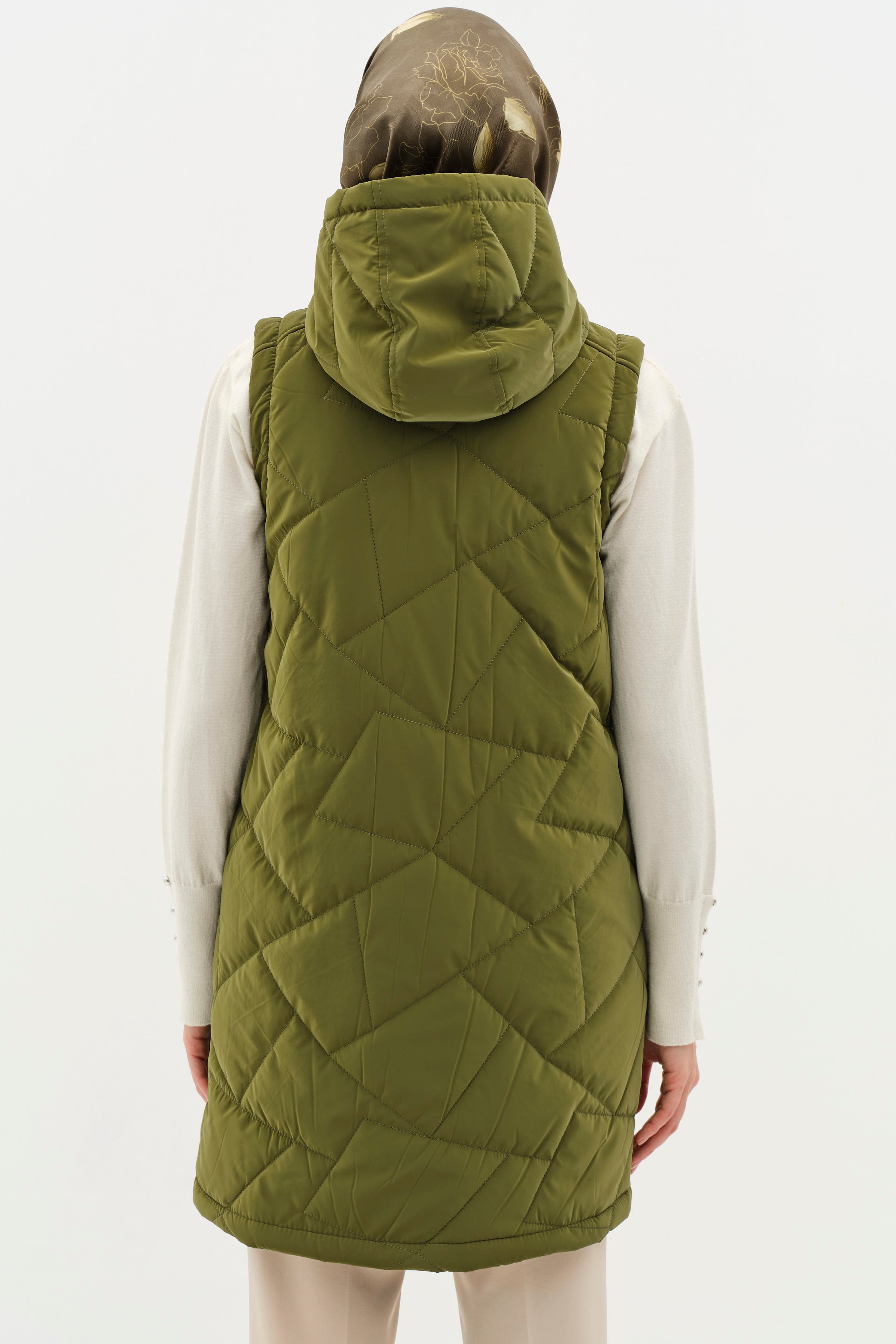 Kapüşonlu Fermuar Cepli Kapitone Yelek - Haki TUGBA