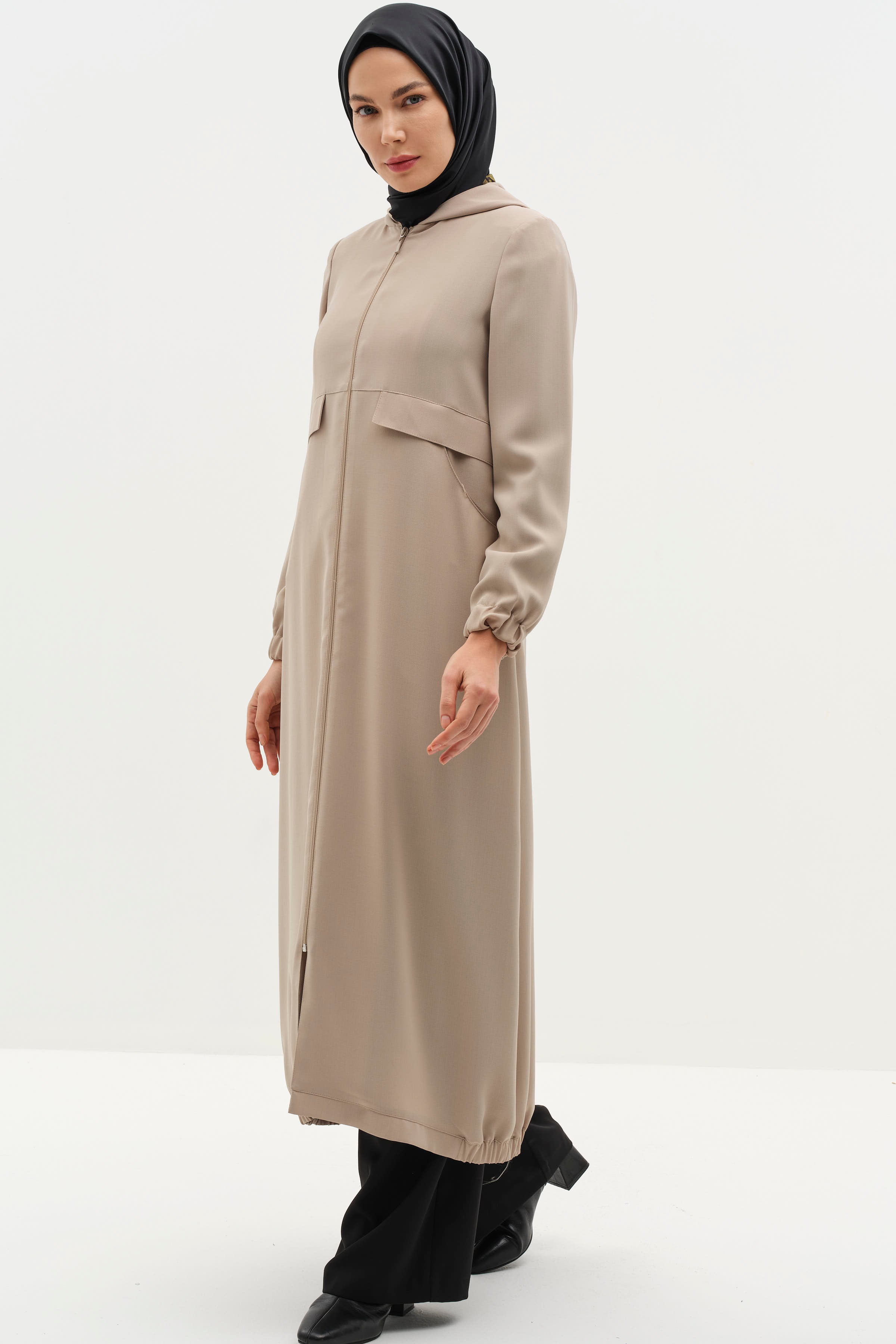Kapüşonlu Fermuar Kapamalı Ferace - Bej TUĞBA