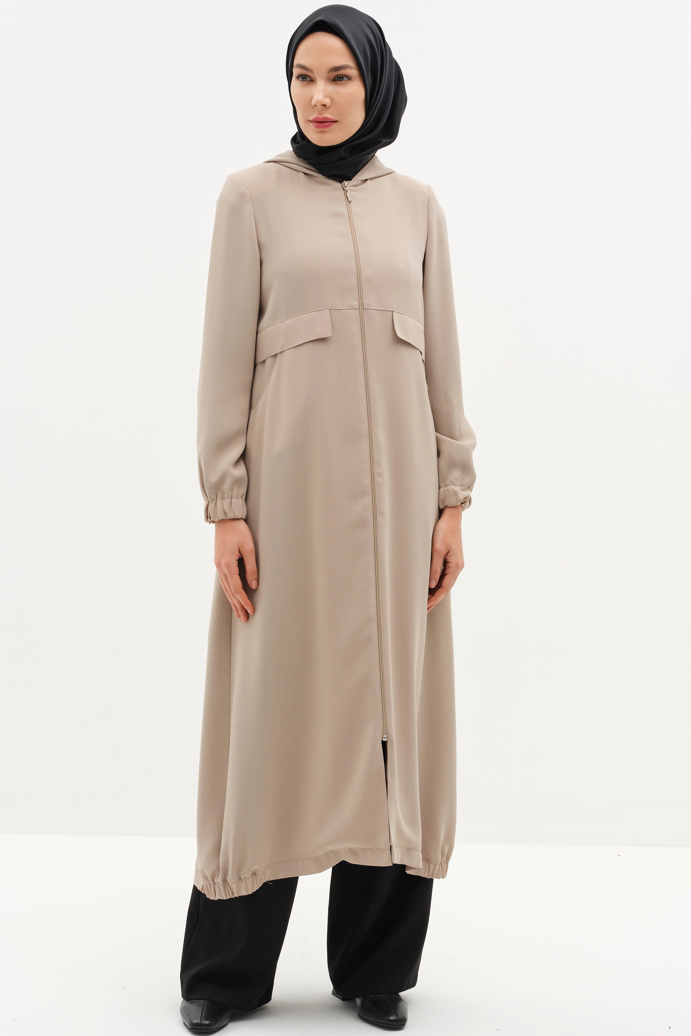 Kapüşonlu Fermuar Kapamalı Ferace - Bej TUĞBA