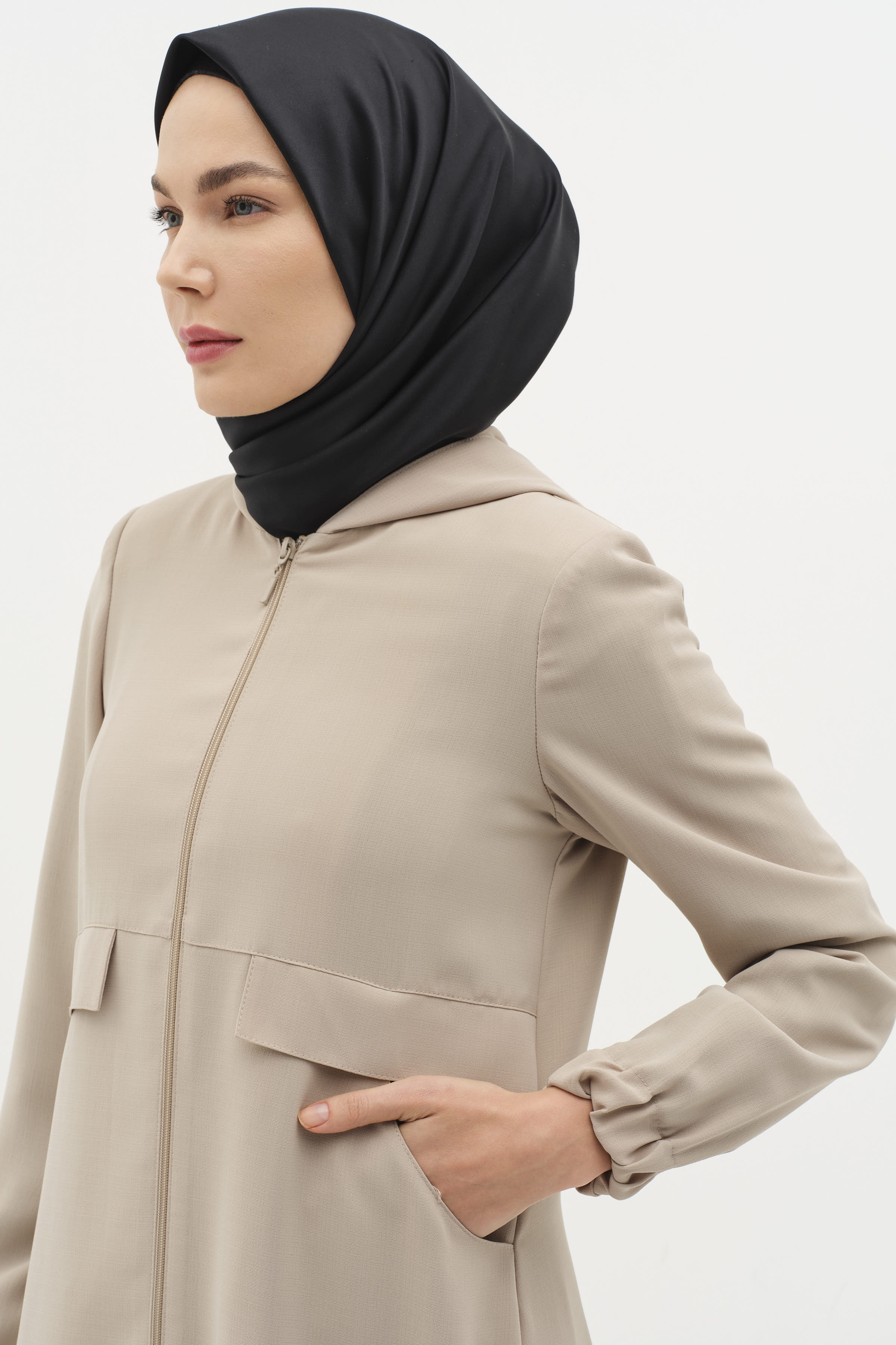 Kapüşonlu Fermuar Kapamalı Ferace - Bej TUĞBA