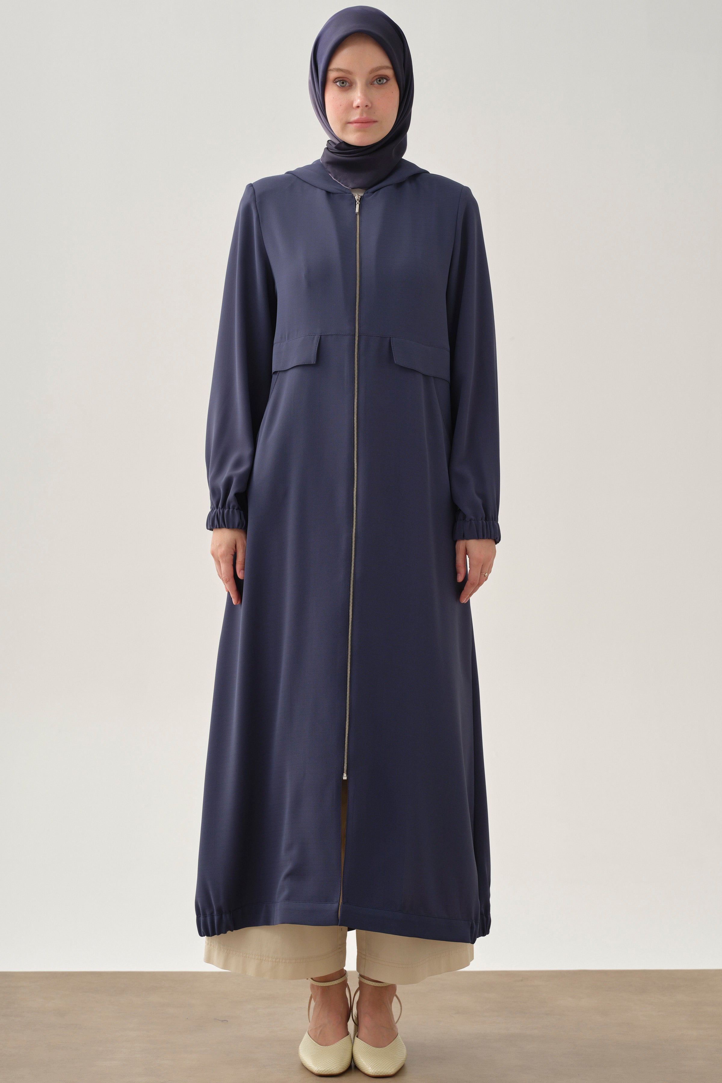 Kapüşonlu Fermuar Kapamalı Ferace - İndigo TUGBA