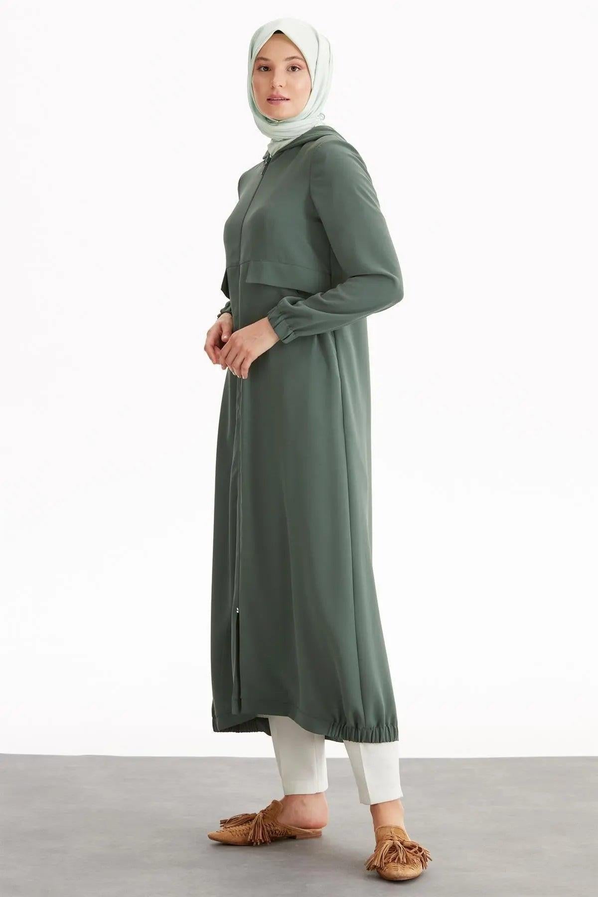 Kapüşonlu Fermuar Kapamalı Ferace - Yeşil TUĞBA