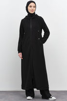 Kapüşonlu Fermuar Kapamalı Örme Ferace - Siyah TUĞBA