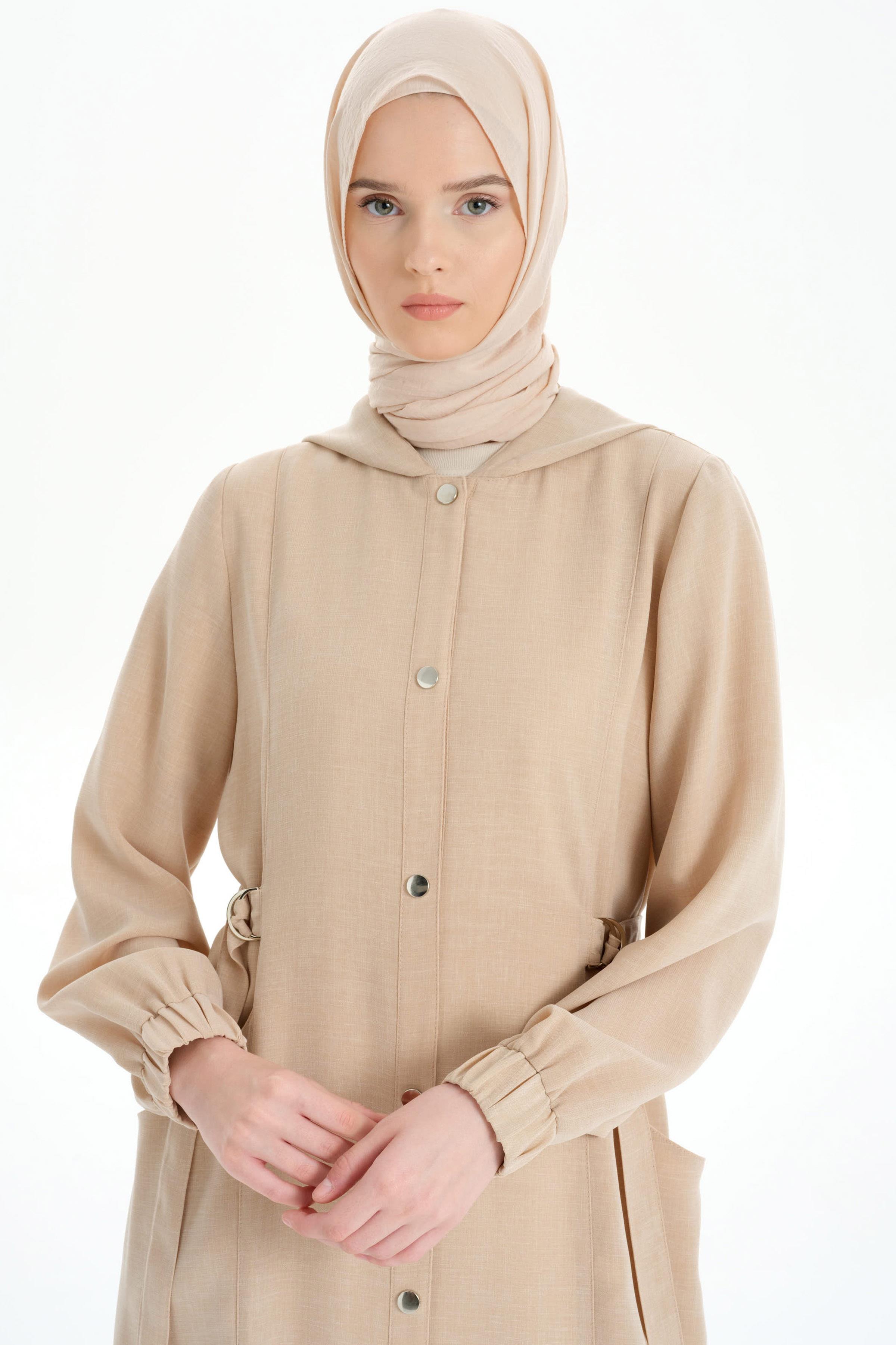 Kapüşonlu File Garnili Kap - Bej TUGBA