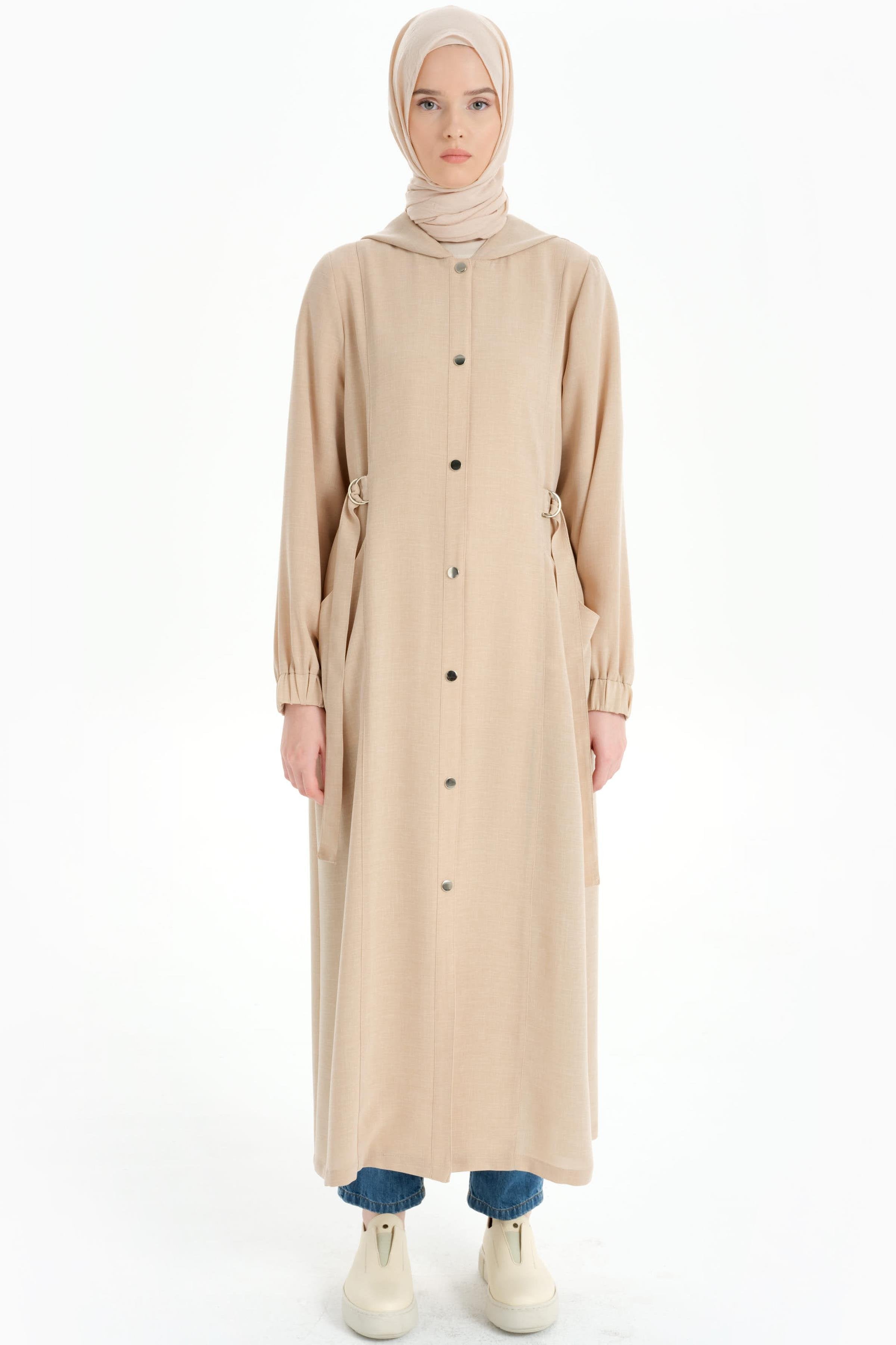 Kapüşonlu File Garnili Kap - Bej TUGBA