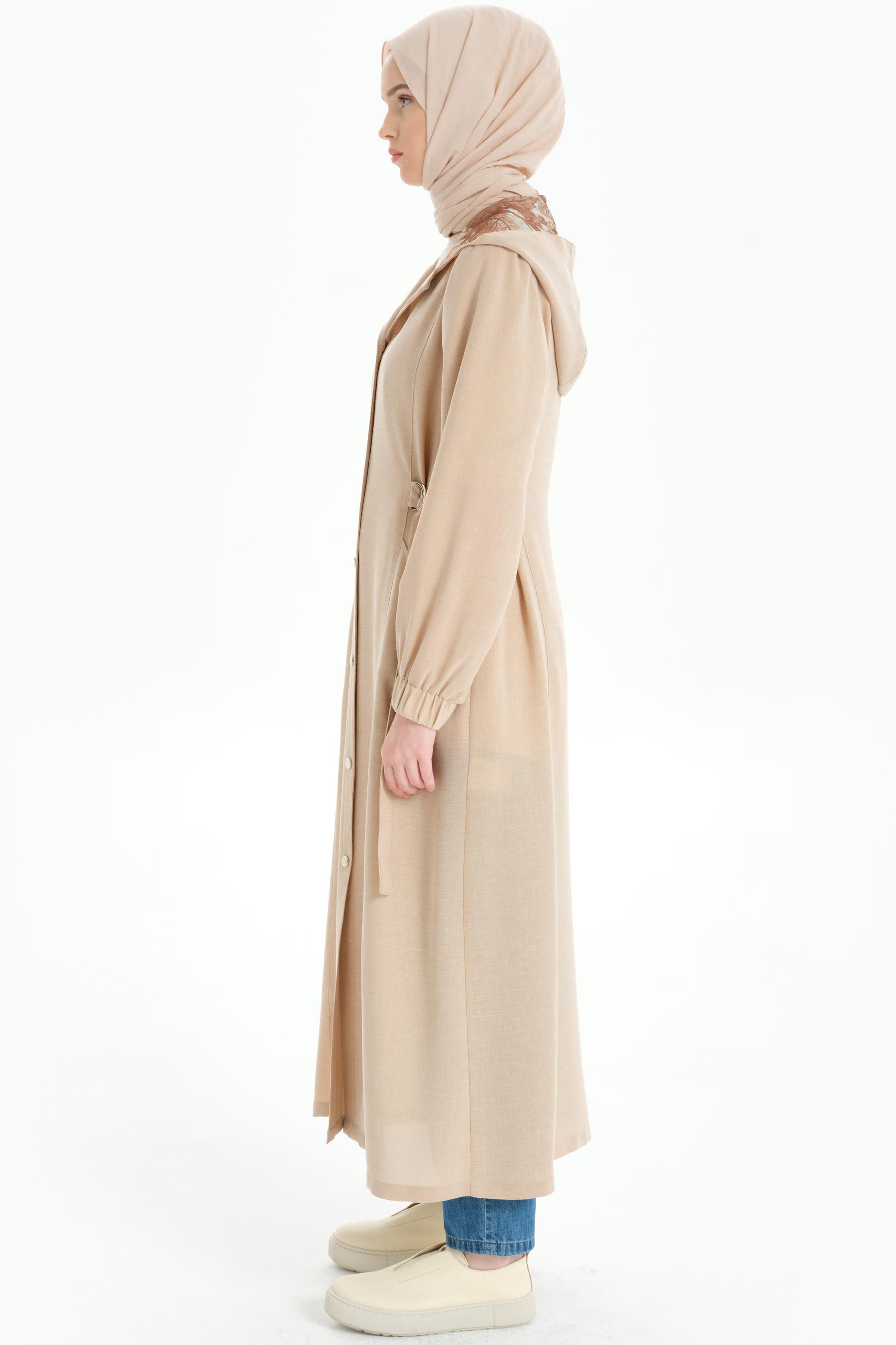 Kapüşonlu File Garnili Kap - Bej TUGBA