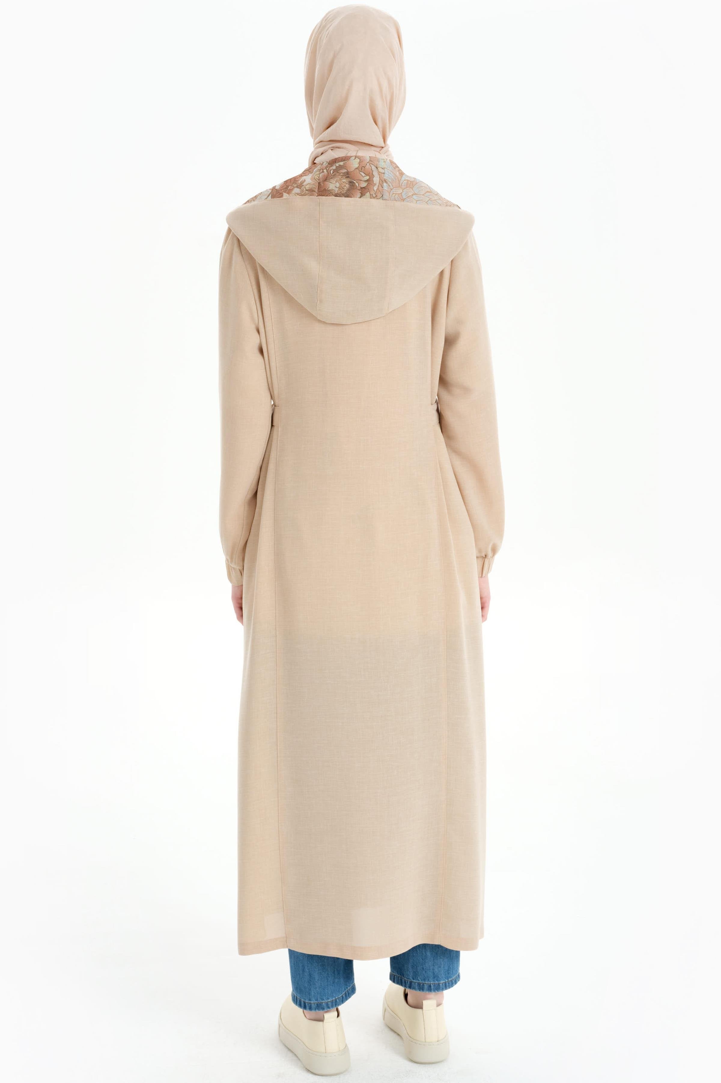 Kapüşonlu File Garnili Kap - Bej TUGBA