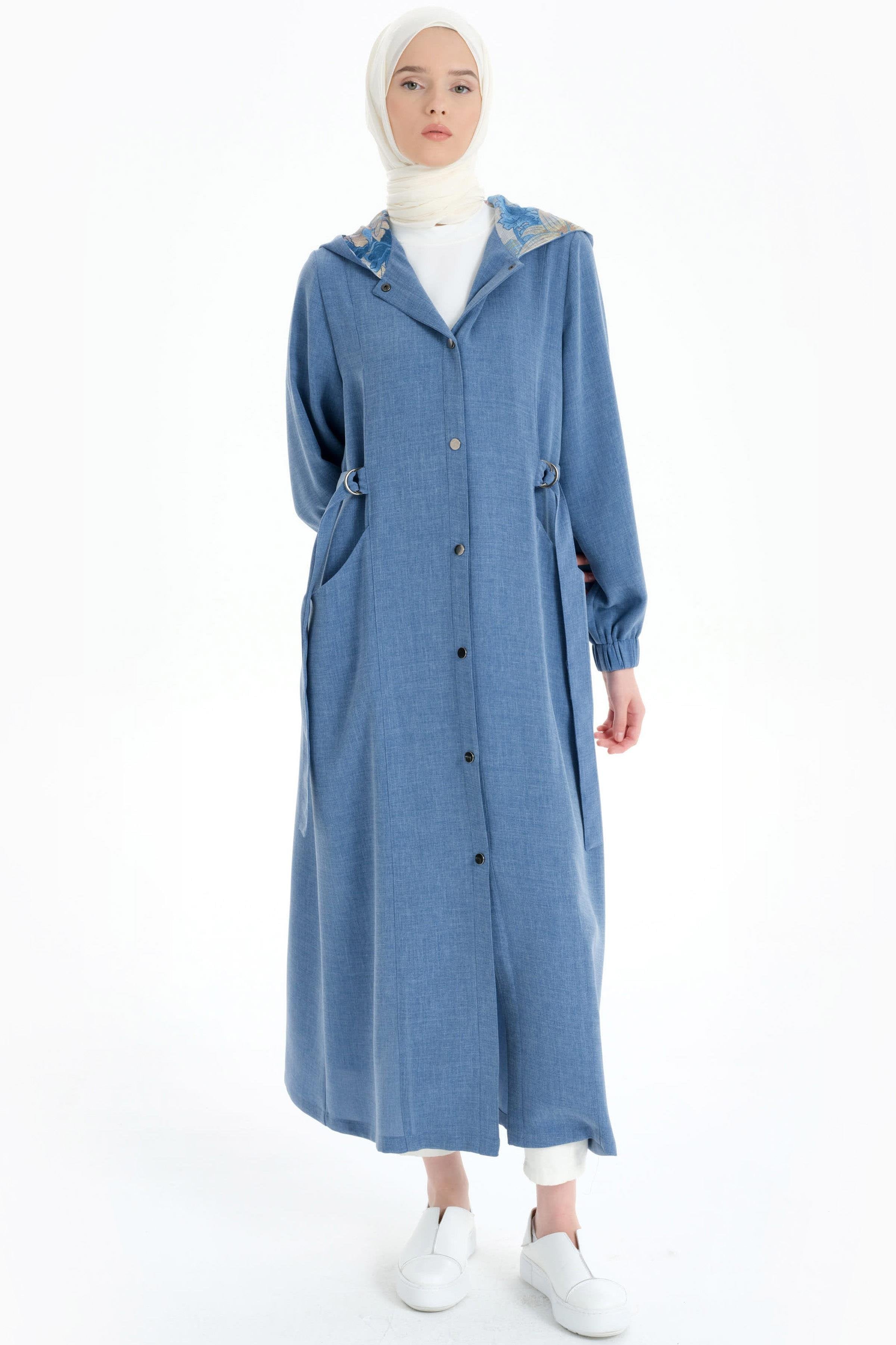 Kapüşonlu File Garnili Kap - İndigo TUGBA