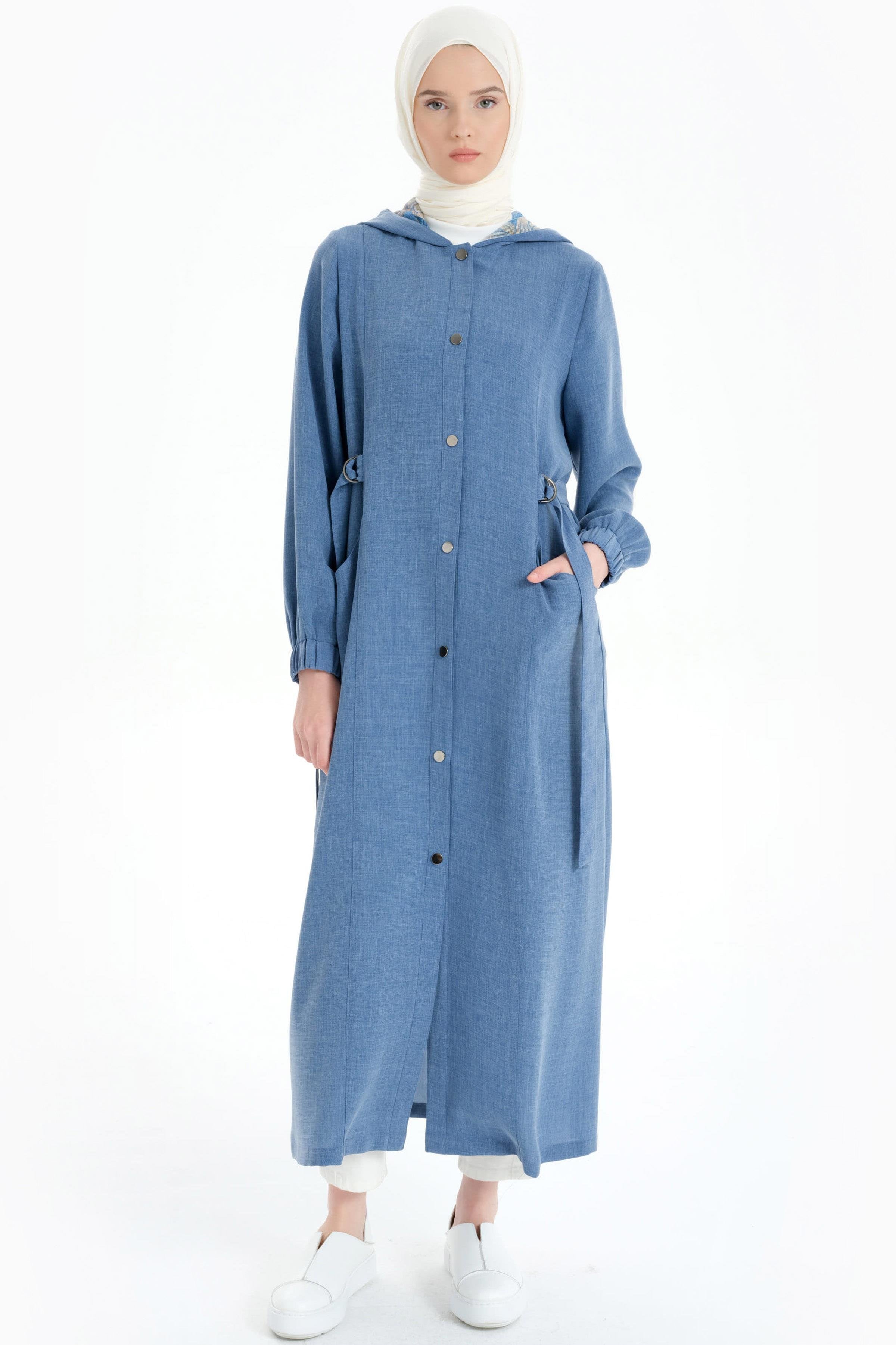 Kapüşonlu File Garnili Kap - İndigo TUGBA