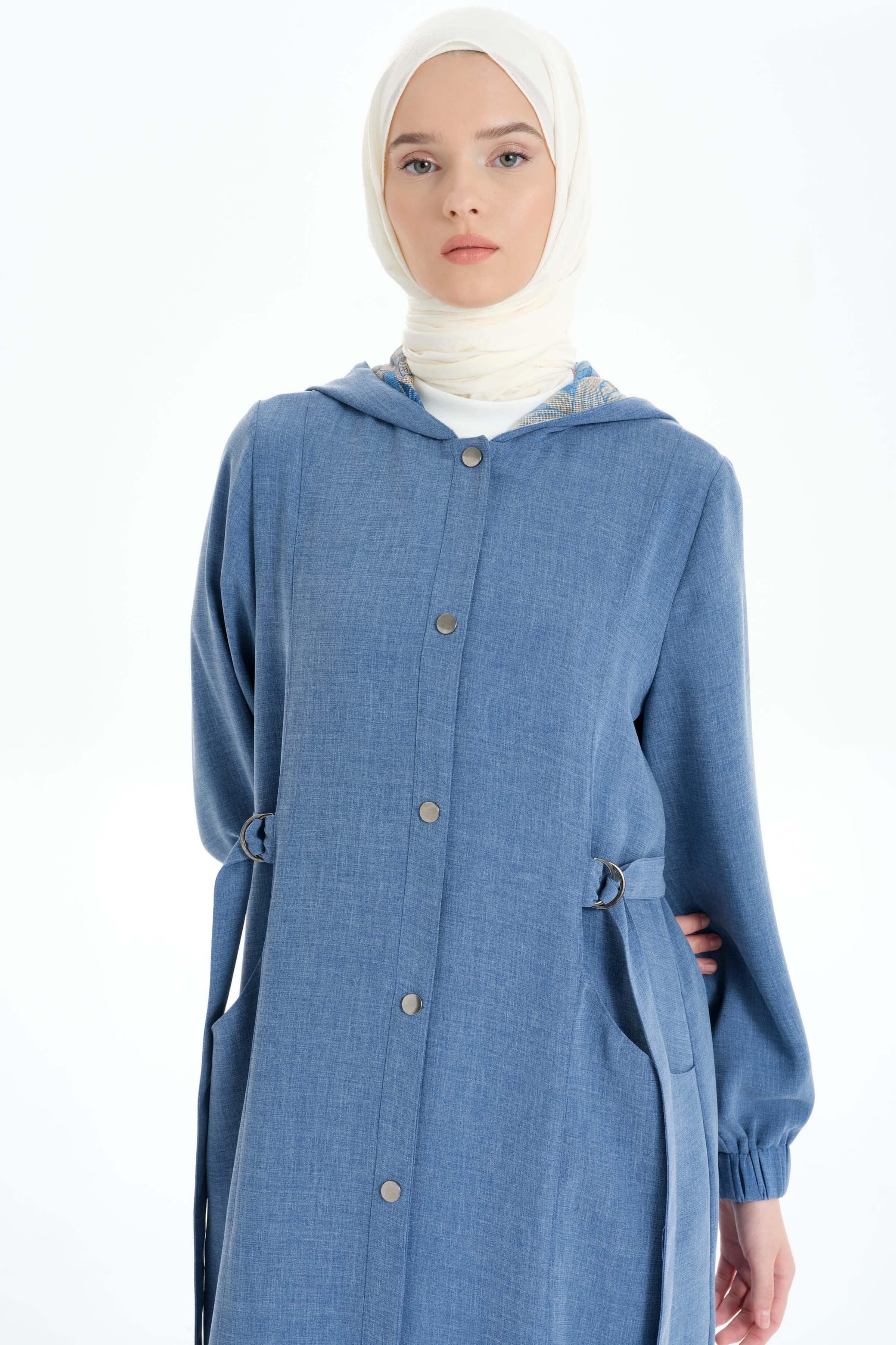 Kapüşonlu File Garnili Kap - İndigo TUGBA