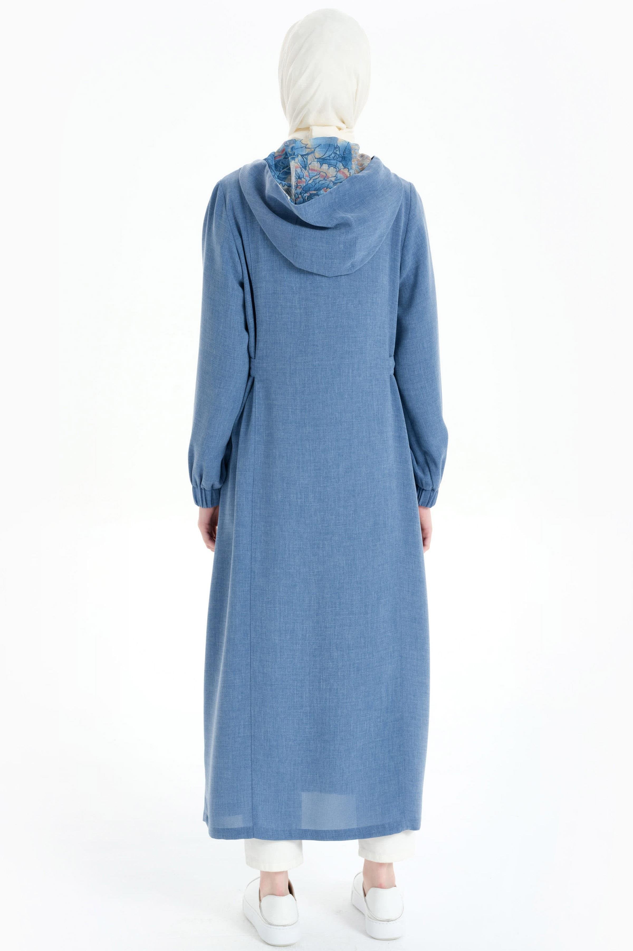 Kapüşonlu File Garnili Kap - İndigo TUGBA