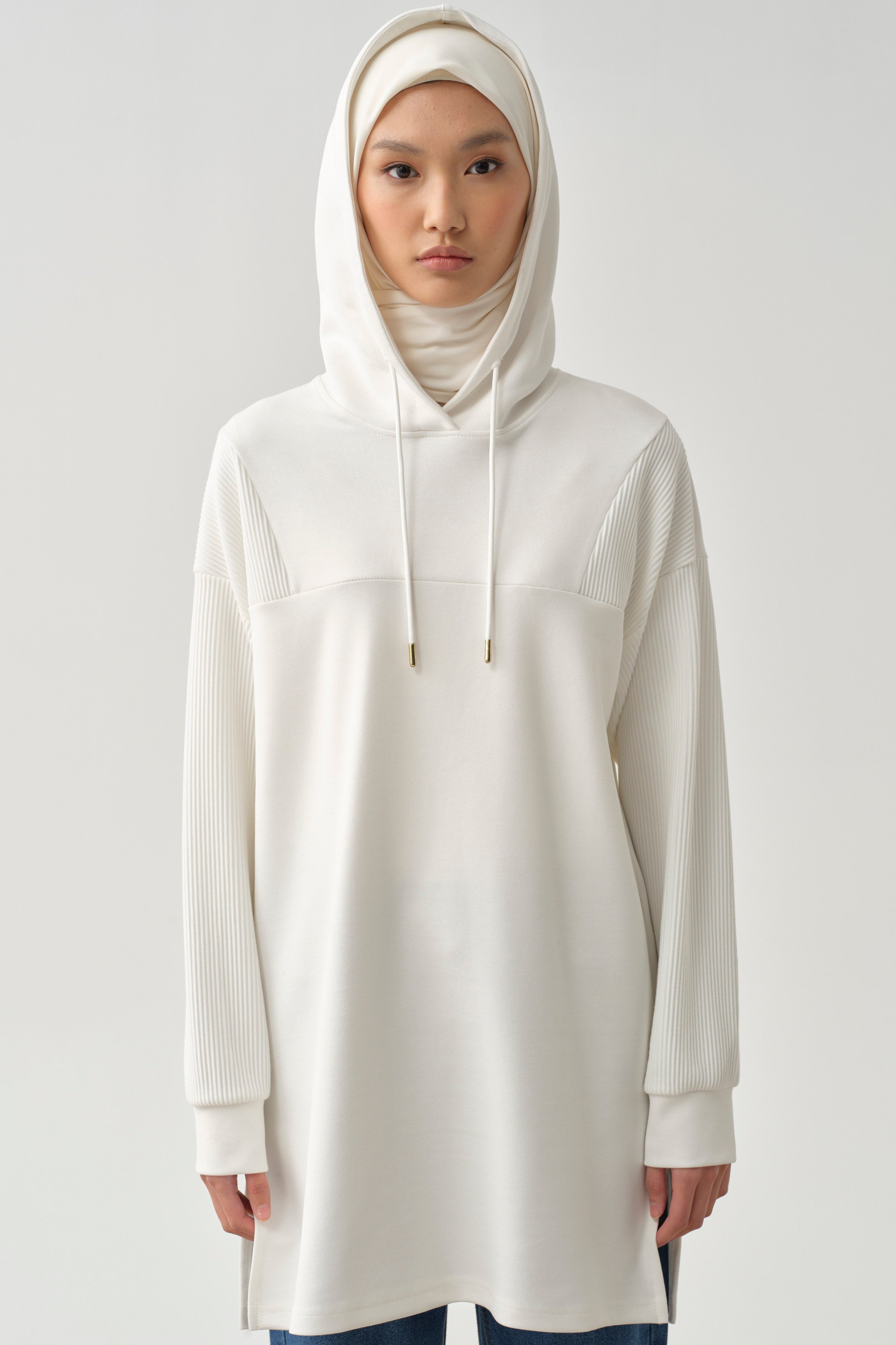 Kapüşonlu Garnili Sweat - Beyaz TUGBA