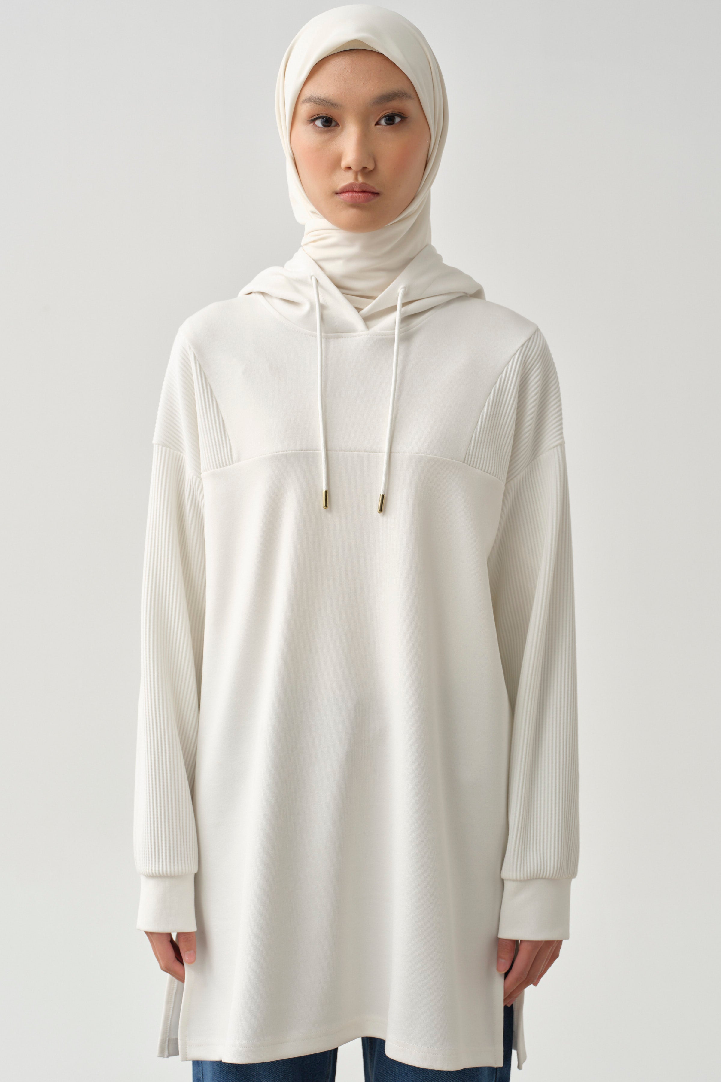 Kapüşonlu Garnili Sweat - Beyaz TUGBA