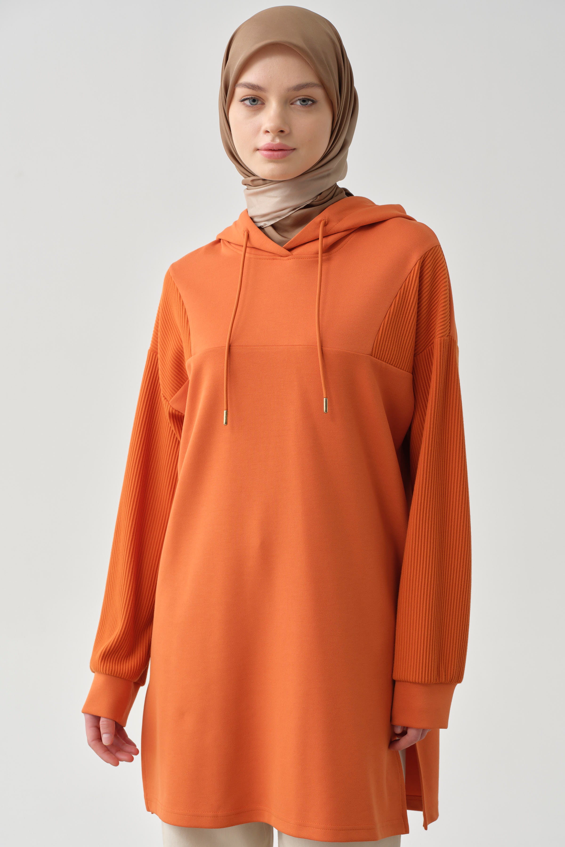 Kapüşonlu Garnili Sweat - Oranj TUGBA