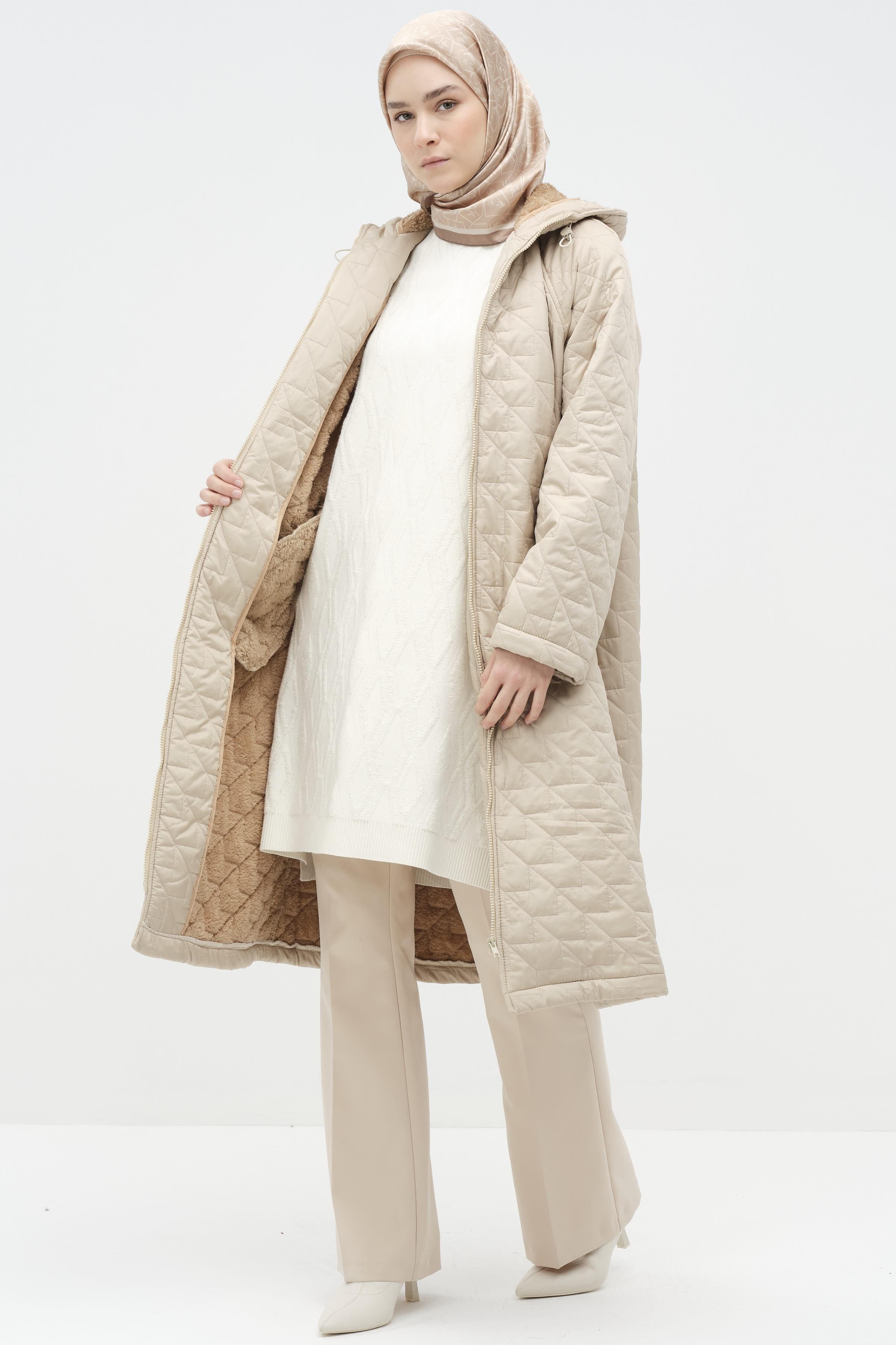 Kapüşonlu Kapitone Kaban - Bej TUGBA