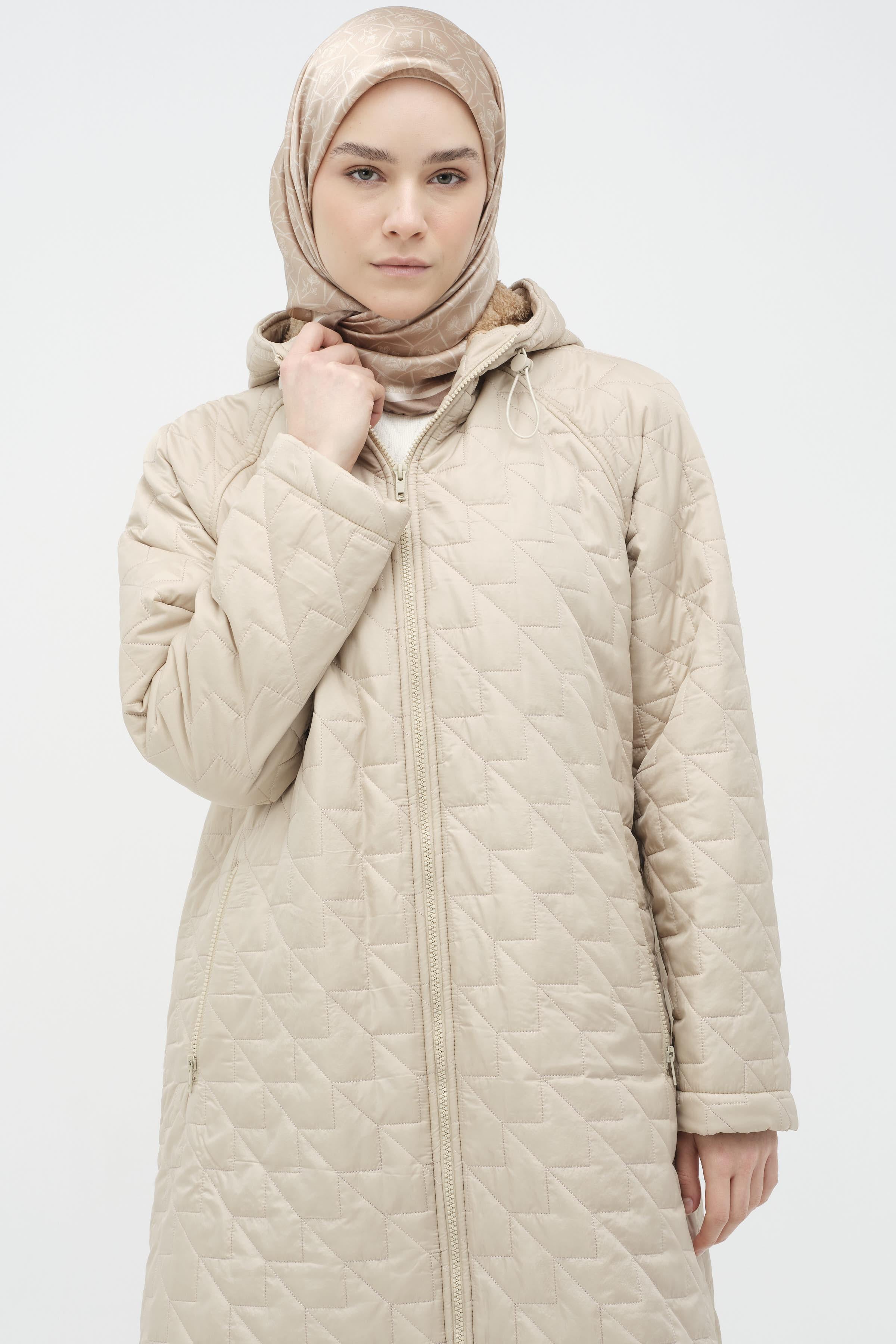 Kapüşonlu Kapitone Kaban - Bej TUGBA