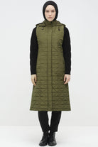 Kapüşonlu Kapitone Uzun Yelek - Haki TUĞBA