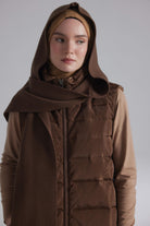 Kapüşonlu Kaz Tüyü Yelek - Kahve TUĞBA