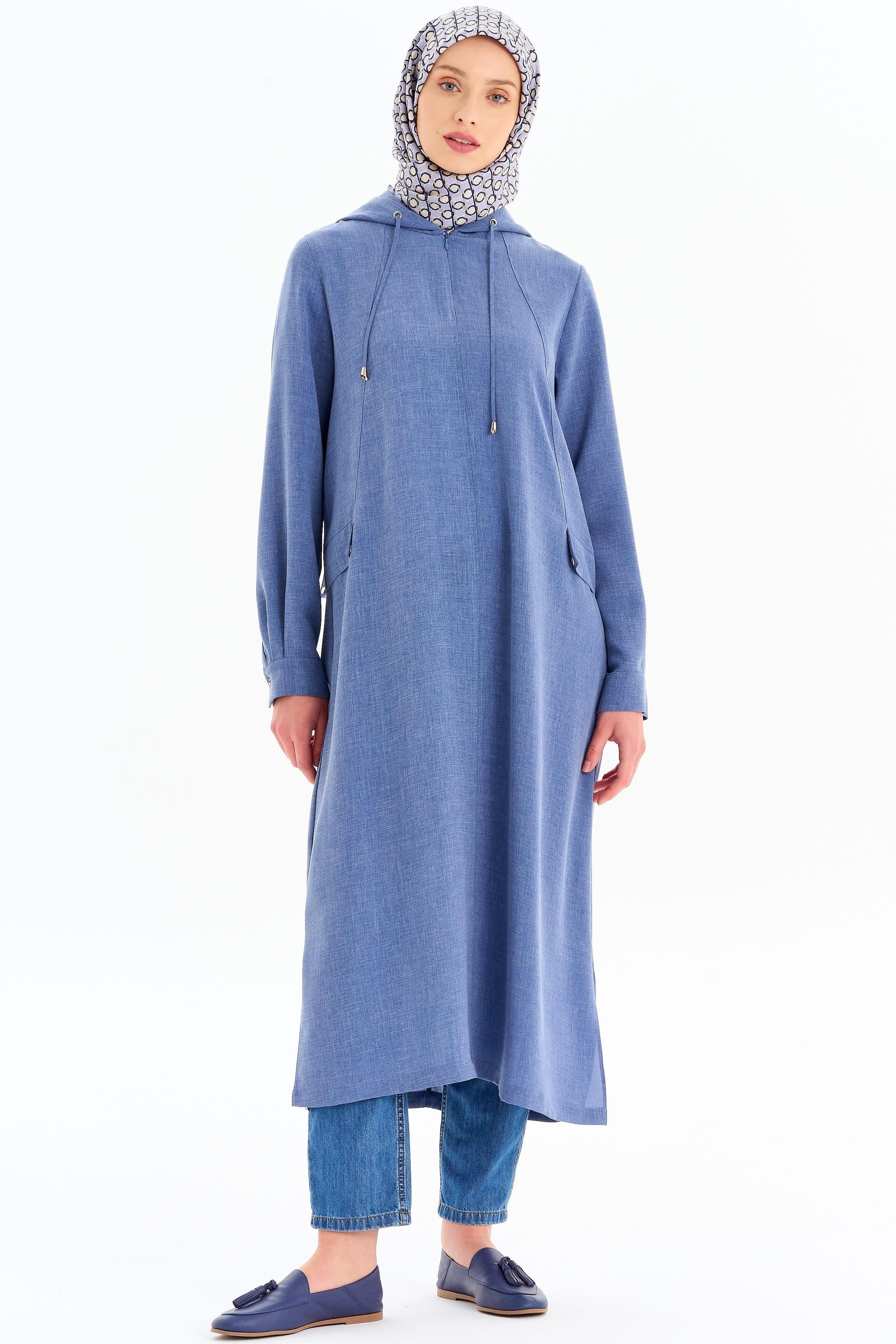 Kapüşonlu Uzun Tunik - İndigo TUGBA