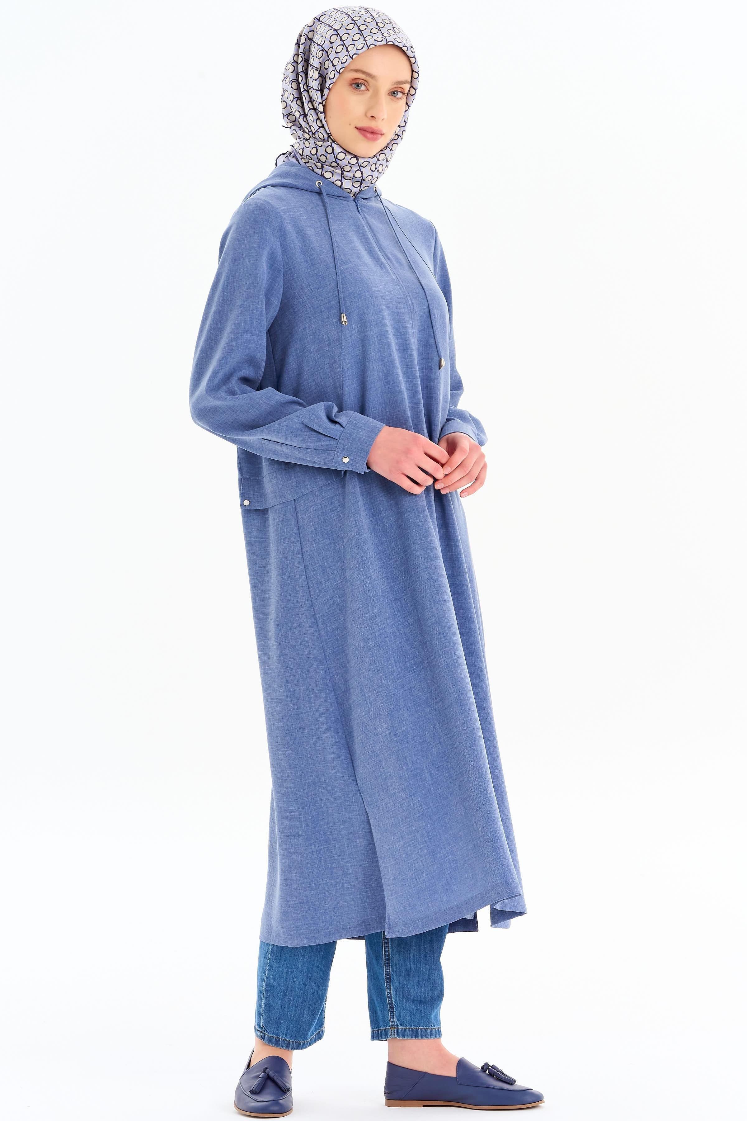 Kapüşonlu Uzun Tunik - İndigo TUGBA