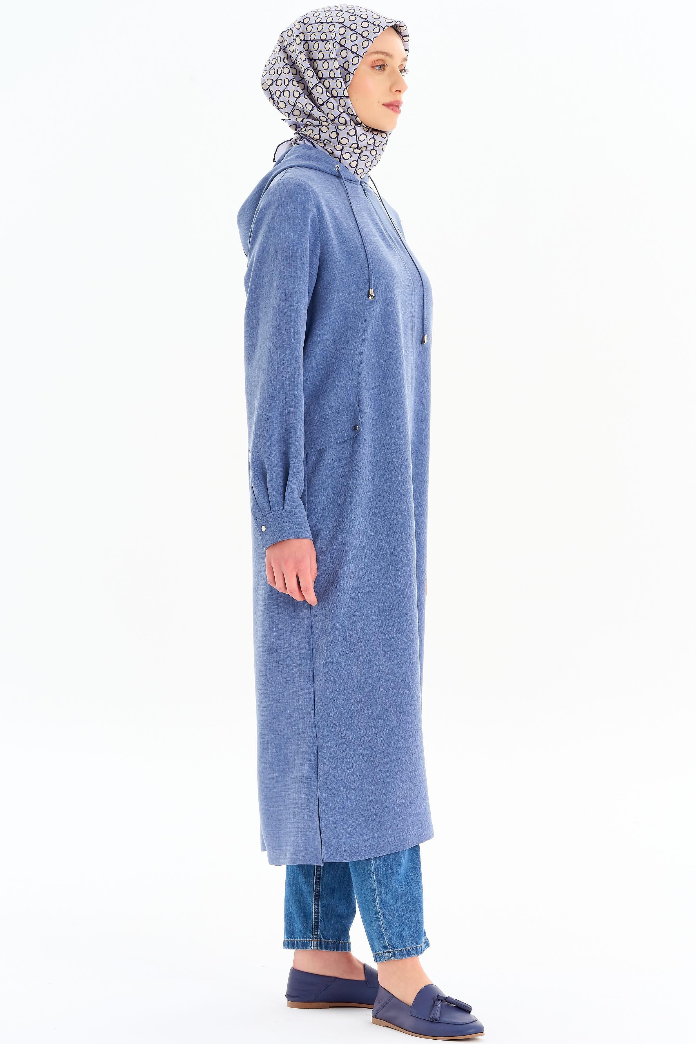 Kapüşonlu Uzun Tunik - İndigo TUGBA