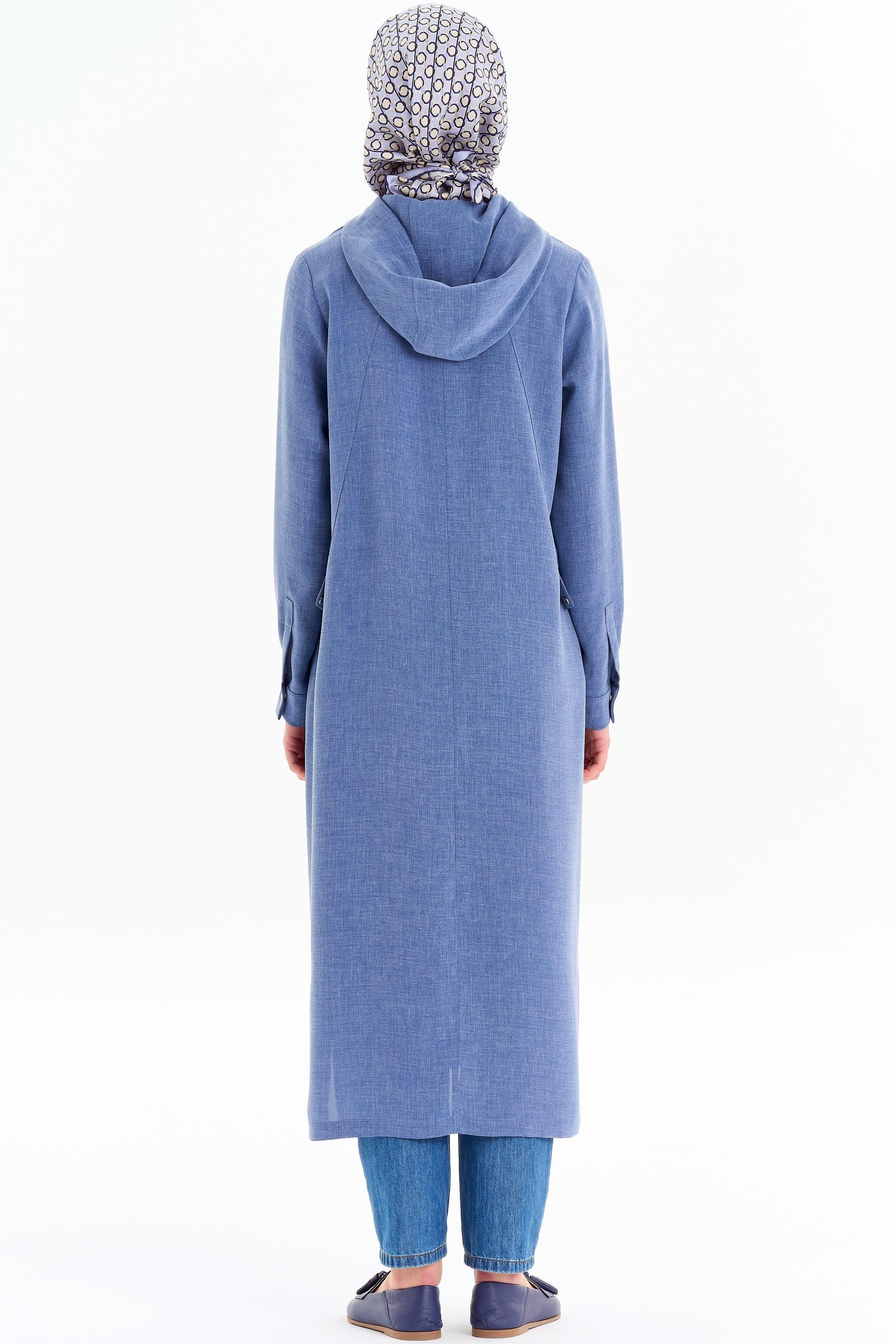 Kapüşonlu Uzun Tunik - İndigo TUGBA