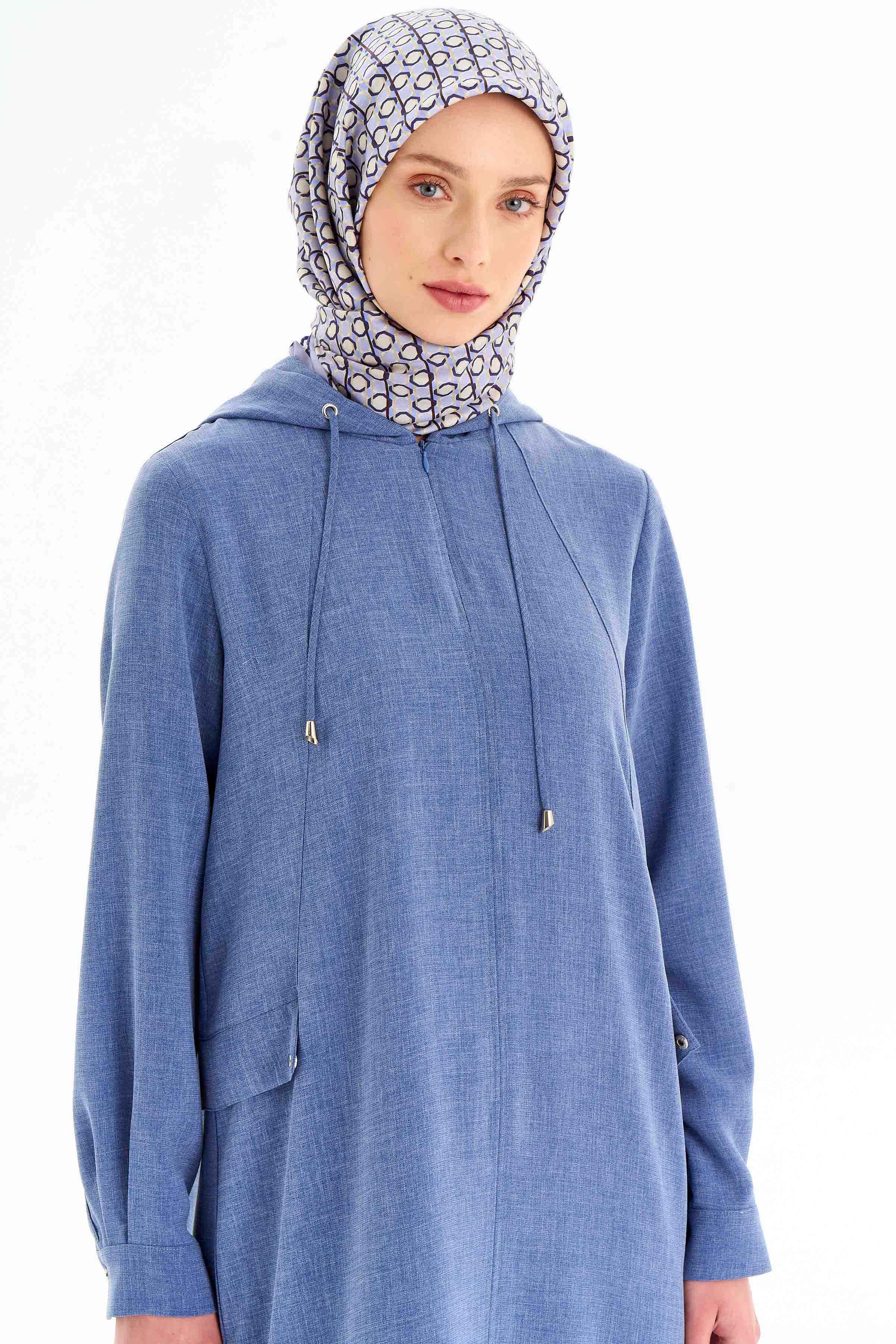 Kapüşonlu Uzun Tunik - İndigo TUGBA