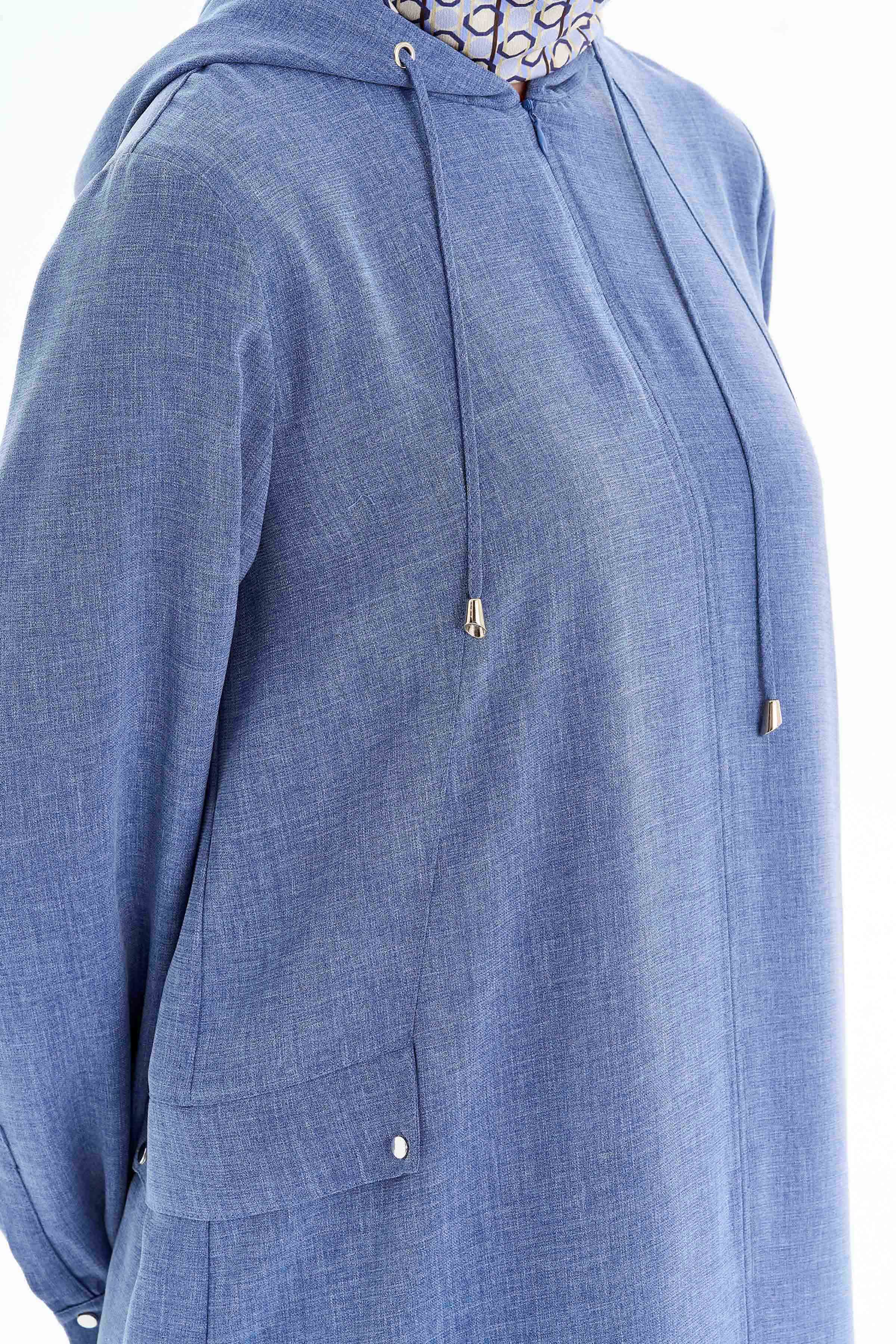 Kapüşonlu Uzun Tunik - İndigo TUGBA