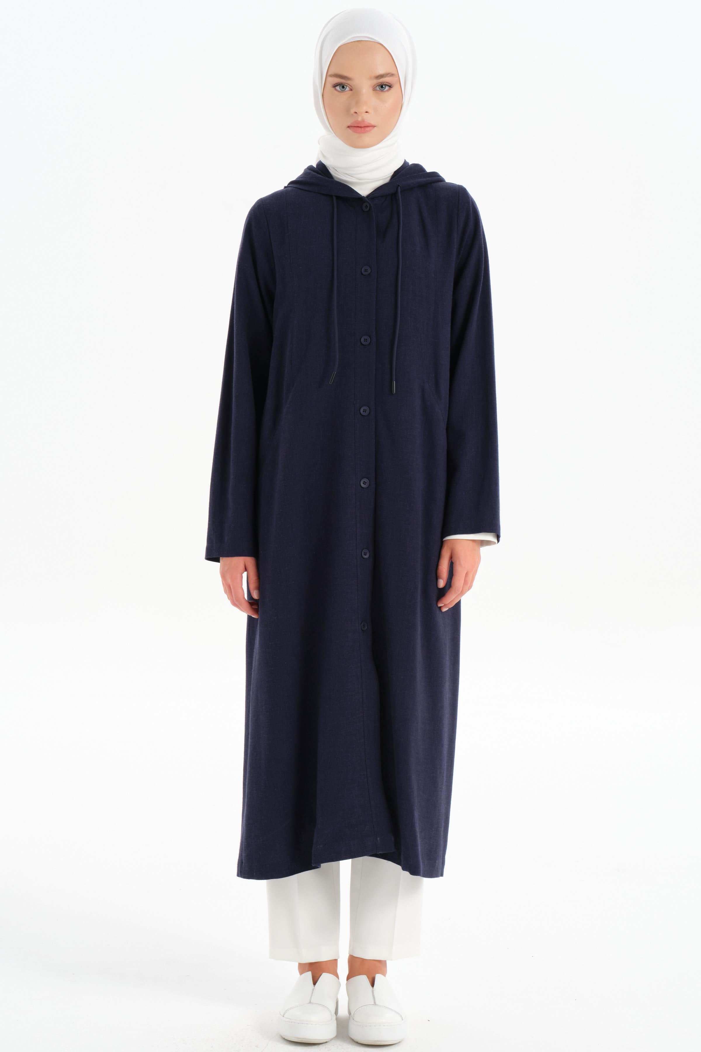 Kapüşonlu Yırtmaç Detaylı Giy-Çık - Lacivert TUGBA