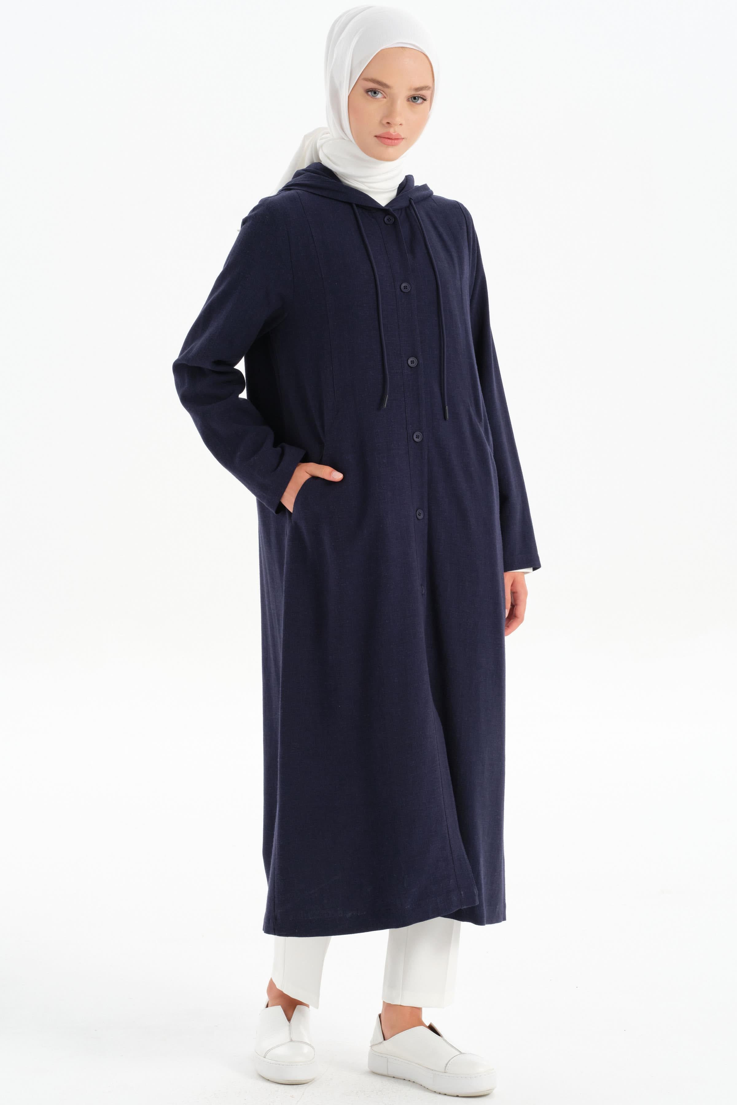 Kapüşonlu Yırtmaç Detaylı Giy-Çık - Lacivert TUGBA