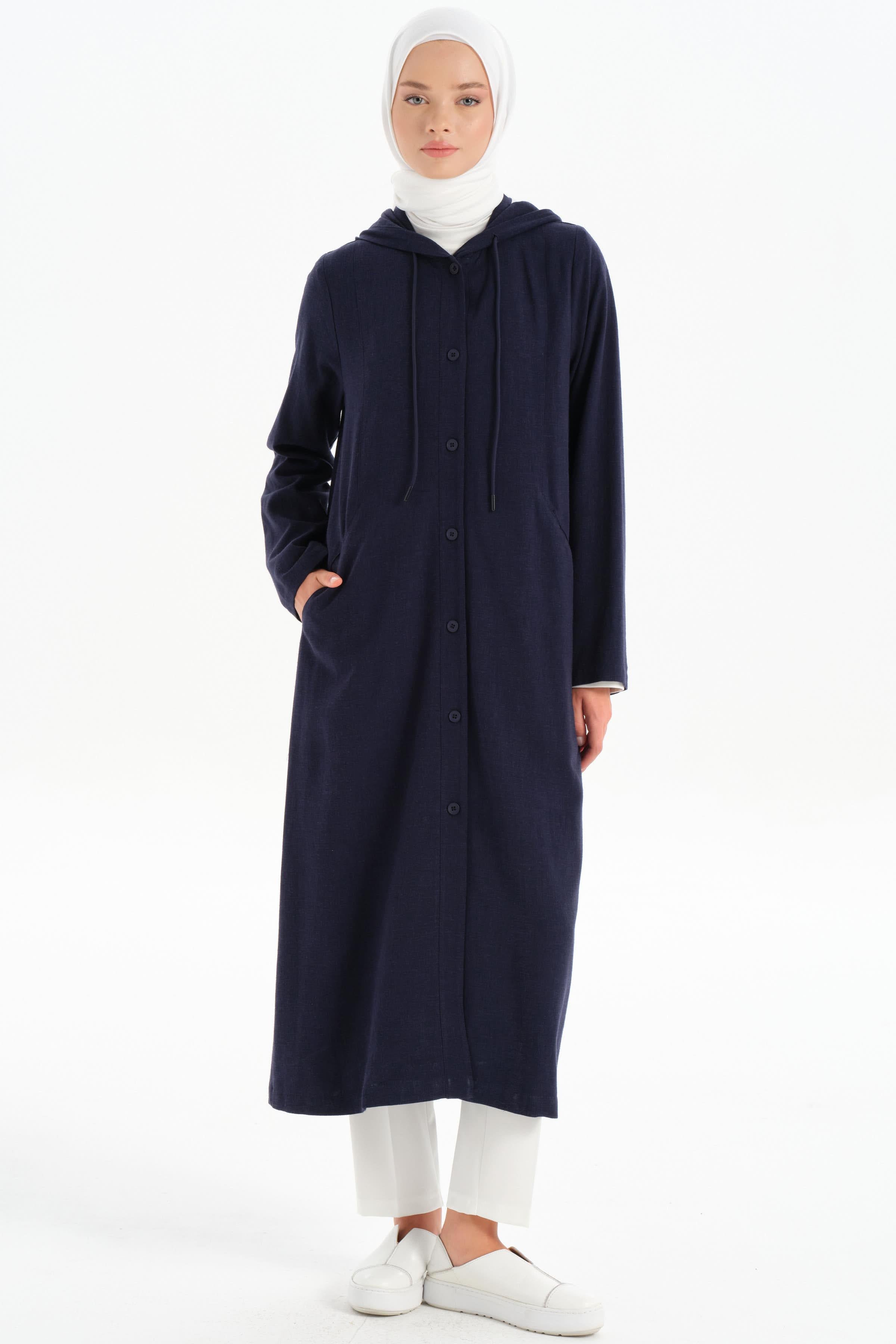 Kapüşonlu Yırtmaç Detaylı Giy-Çık - Lacivert TUGBA