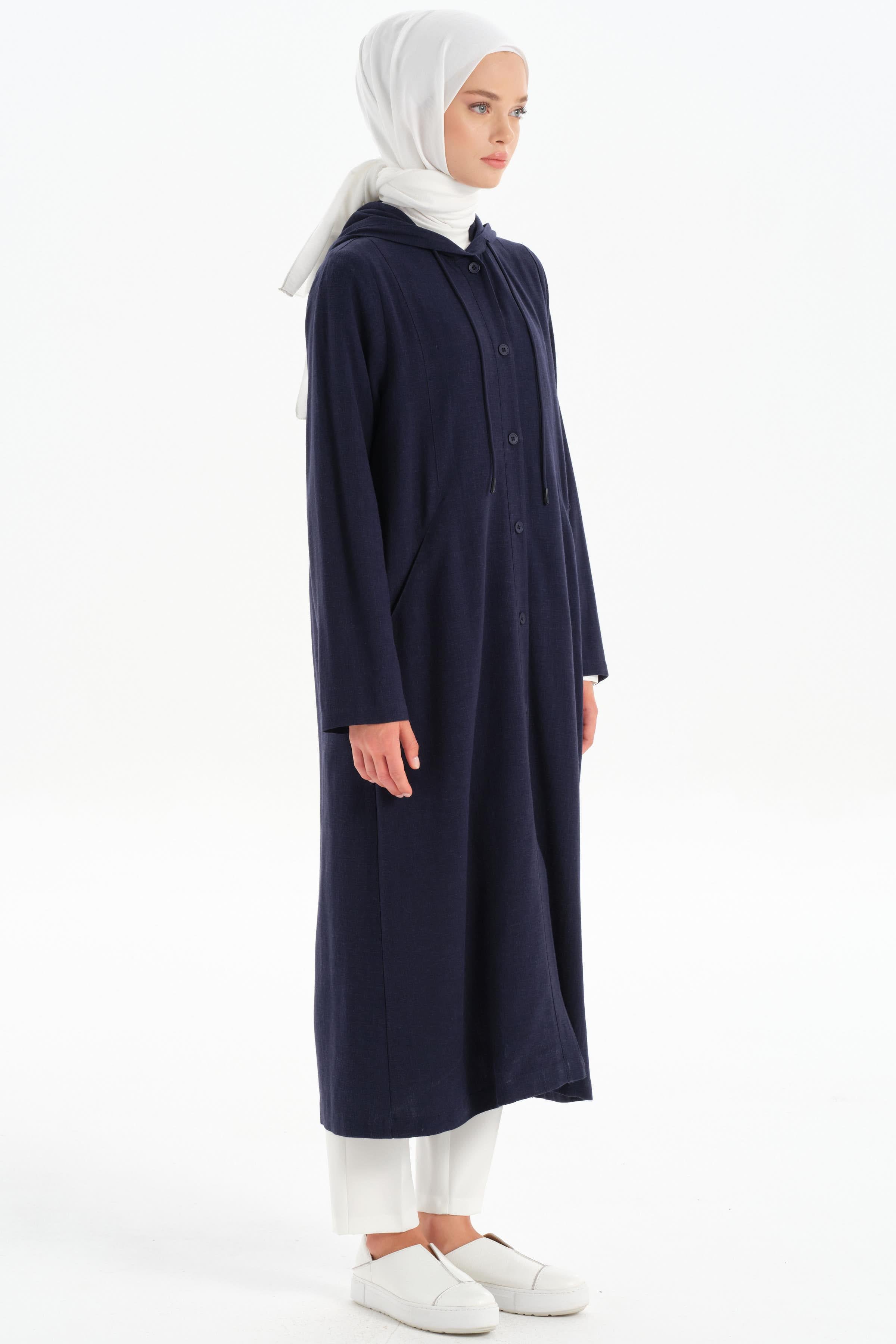 Kapüşonlu Yırtmaç Detaylı Giy-Çık - Lacivert TUGBA