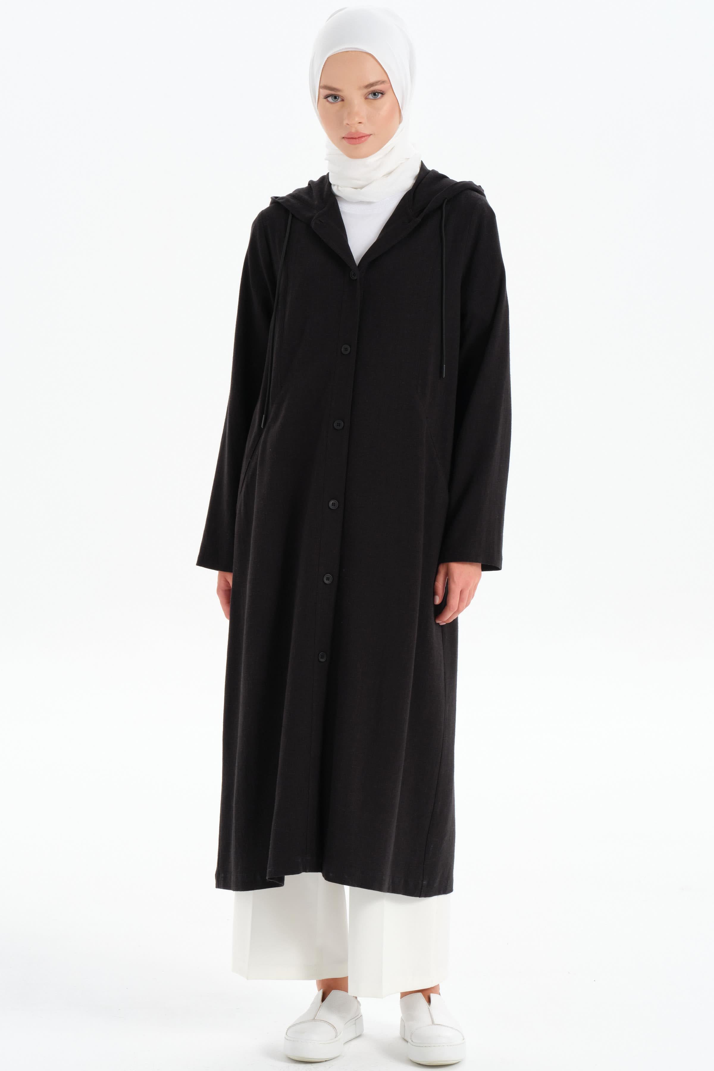 Kapüşonlu Yırtmaç Detaylı Giy-Çık - Siyah TUGBA