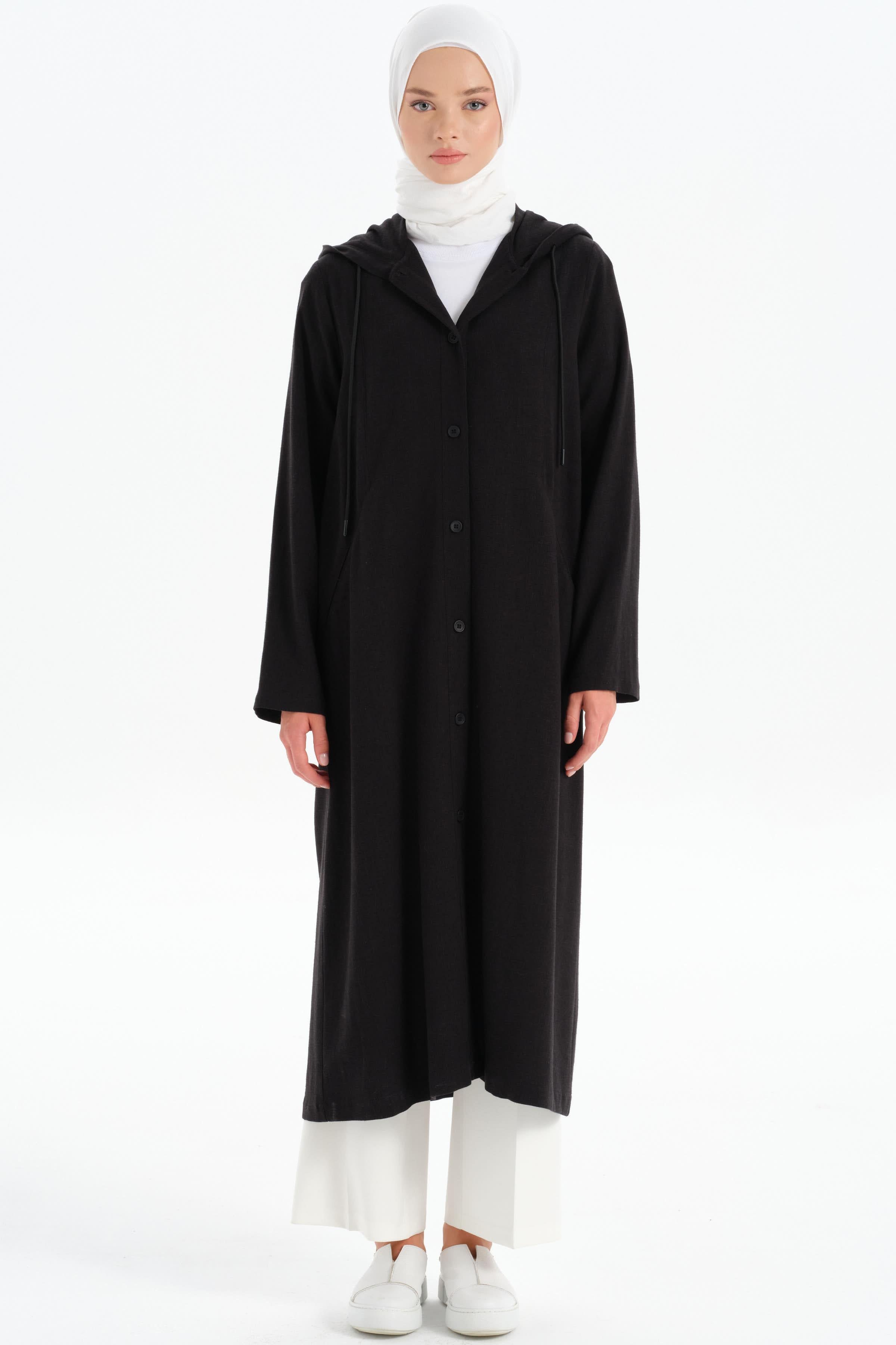 Kapüşonlu Yırtmaç Detaylı Giy-Çık - Siyah TUGBA