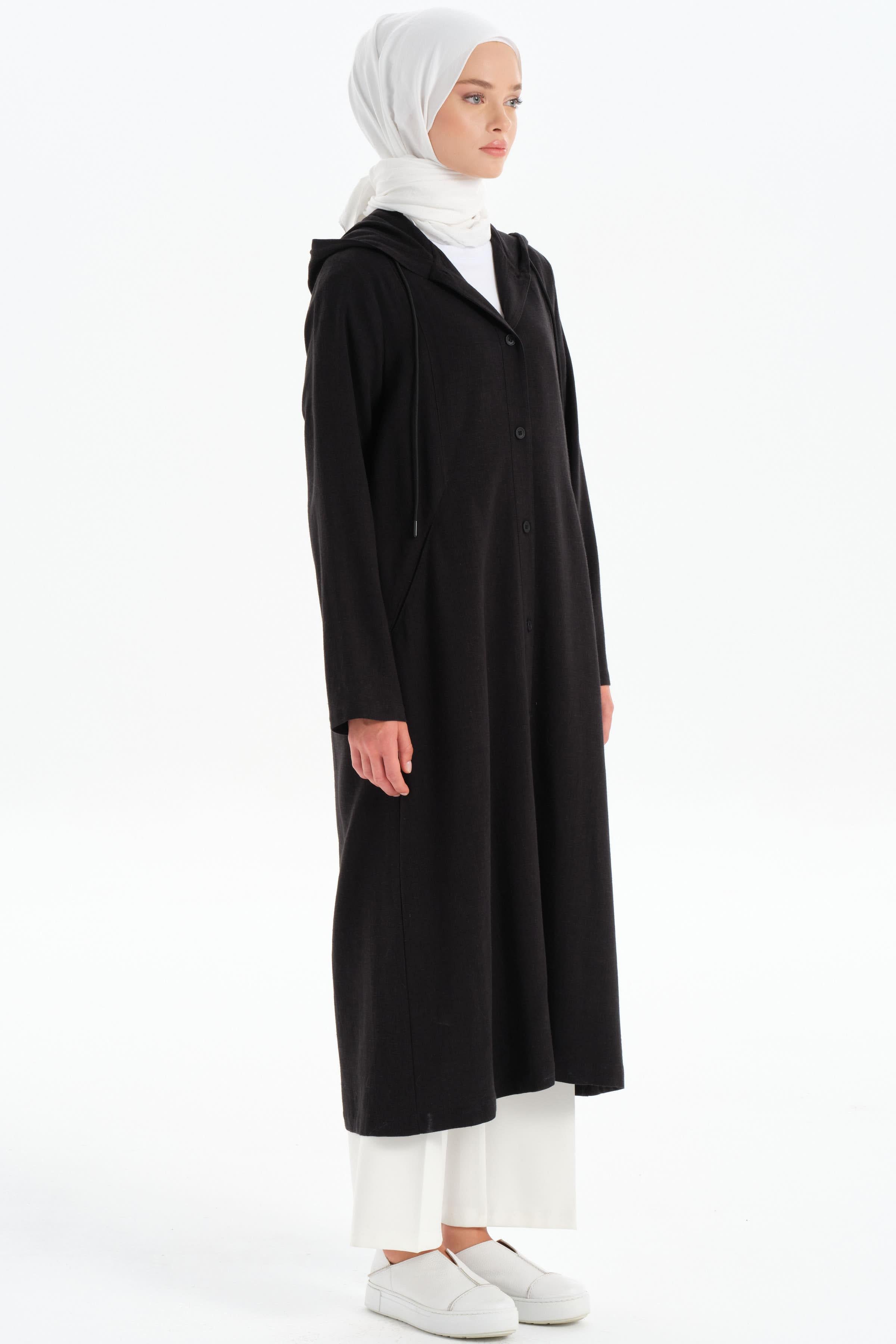 Kapüşonlu Yırtmaç Detaylı Giy-Çık - Siyah TUGBA