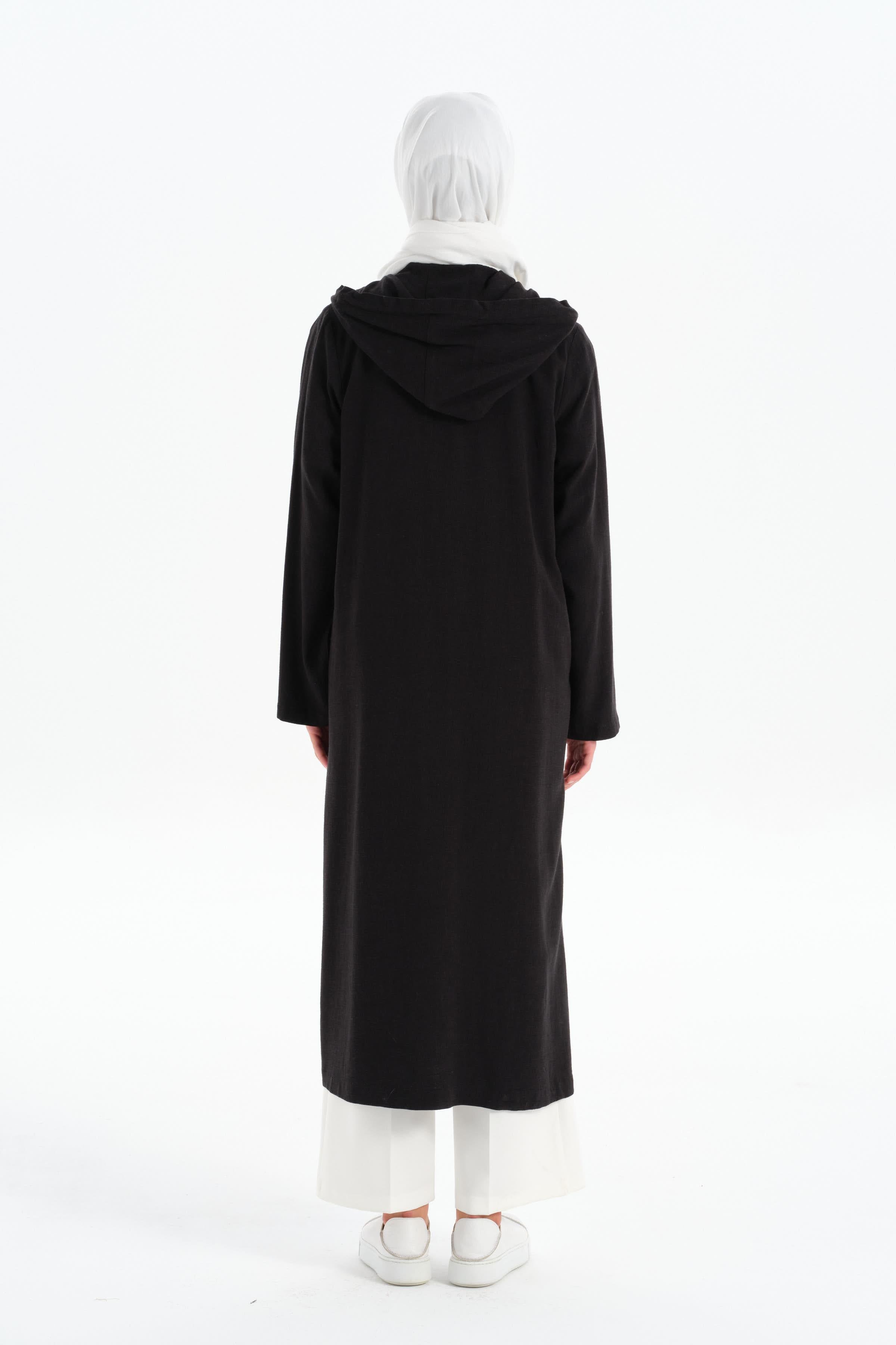 Kapüşonlu Yırtmaç Detaylı Giy-Çık - Siyah TUGBA