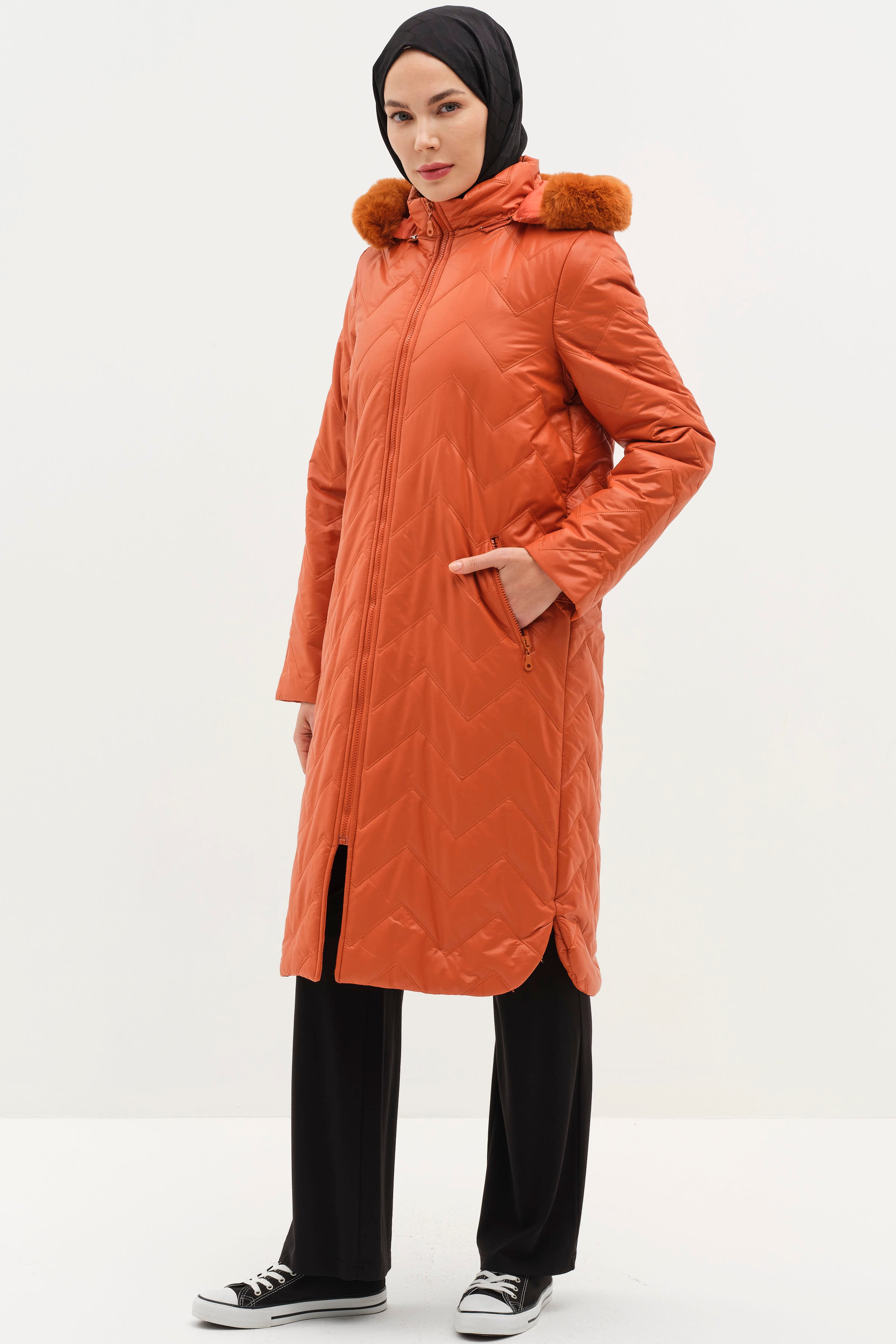 Kapüşonu Kürklü Kapitone Kaban - Oranj TUĞBA
