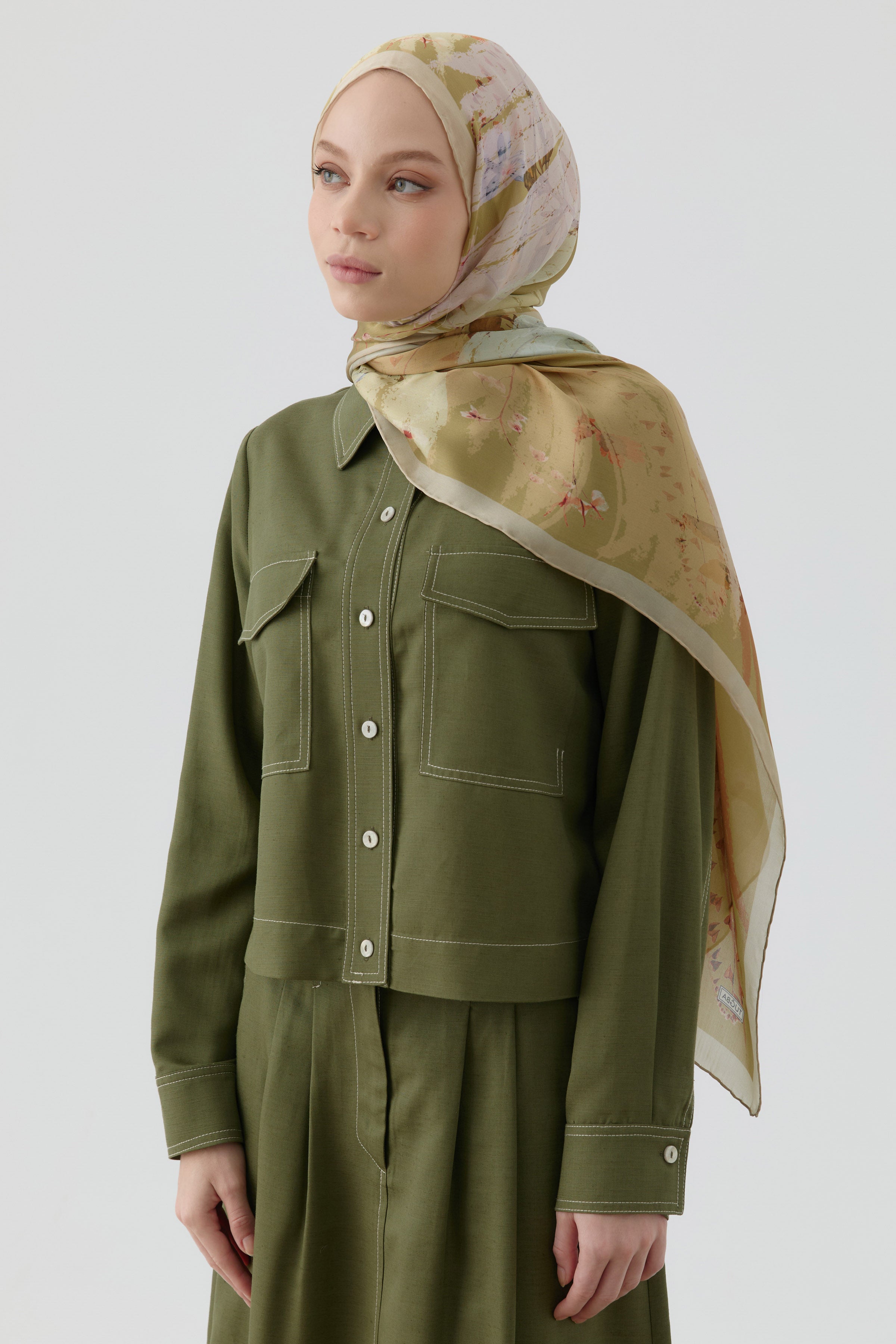 Kardelen Şifon İpek Şal - Olive TUGBA