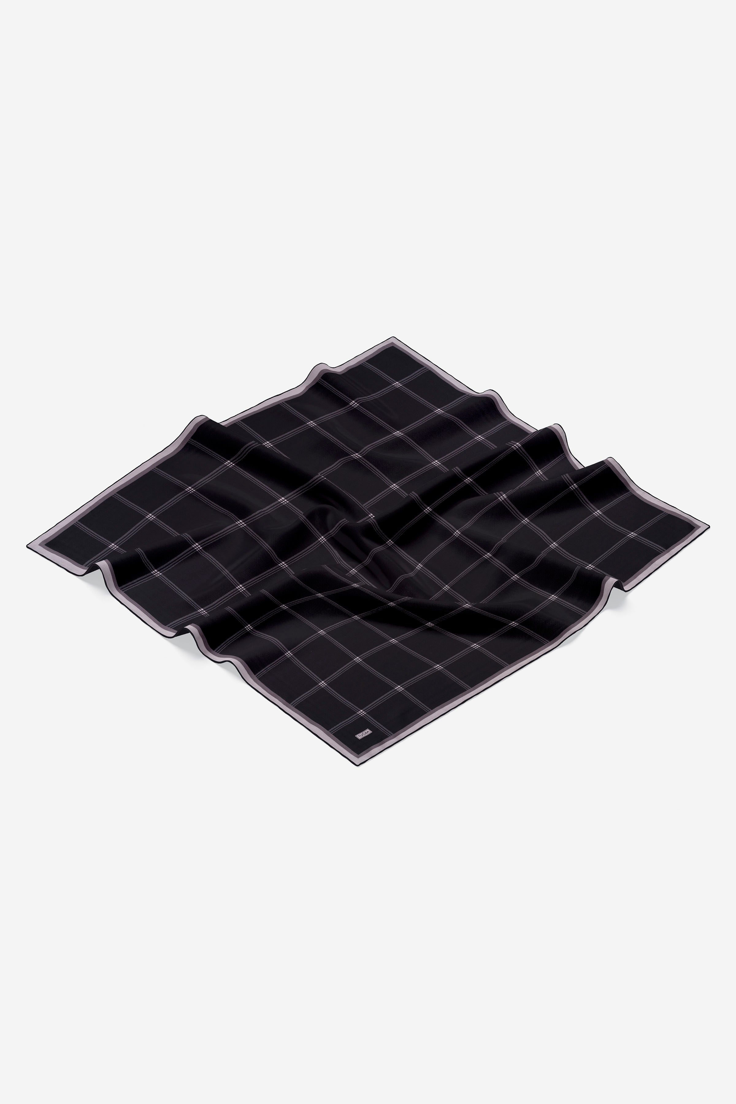 Kare Çizgi Desenli Twill İpek Eşarp - Siyah TUGBA