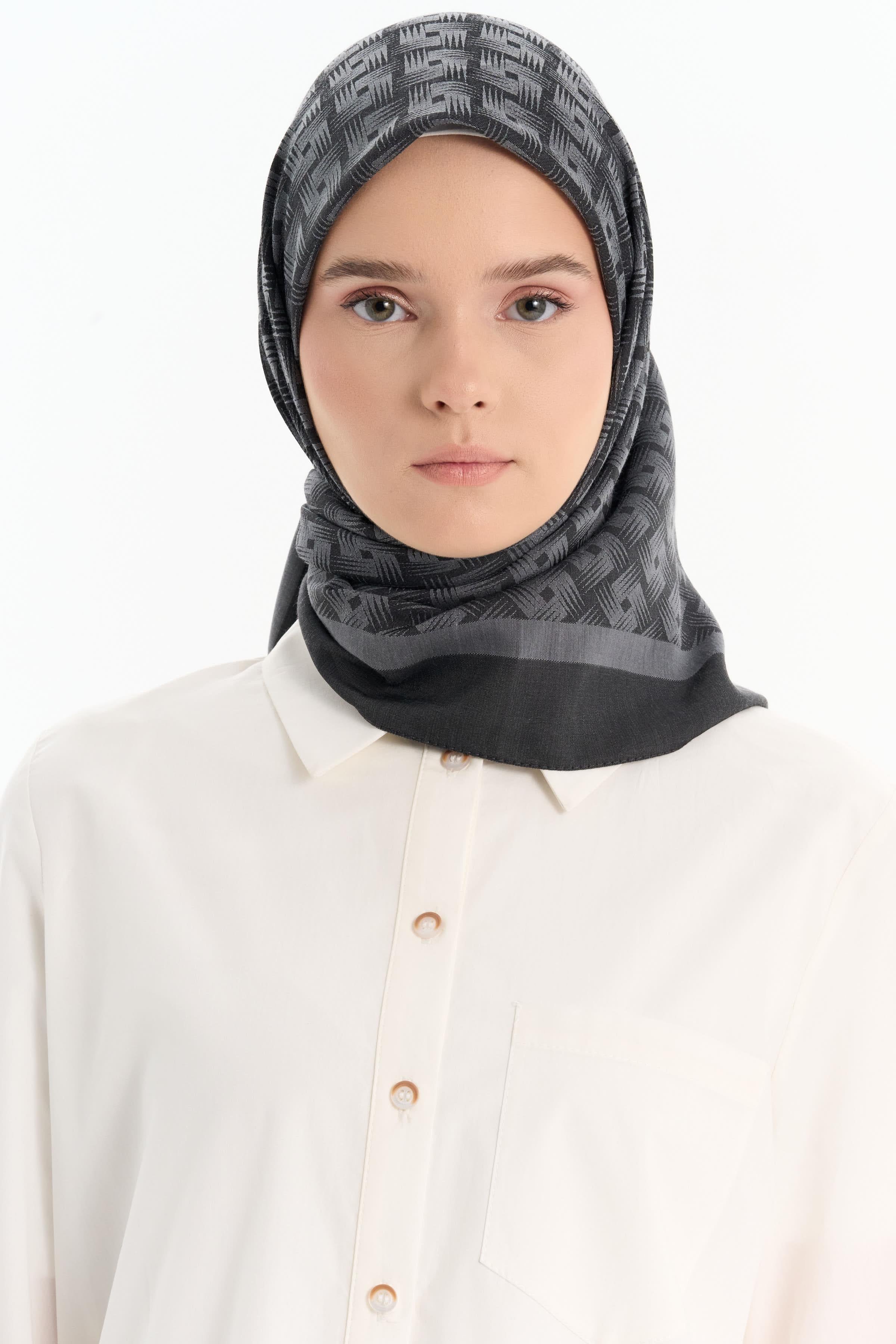 Geometrik Desen Pamuk Eşarp - Antrasit TUGBA