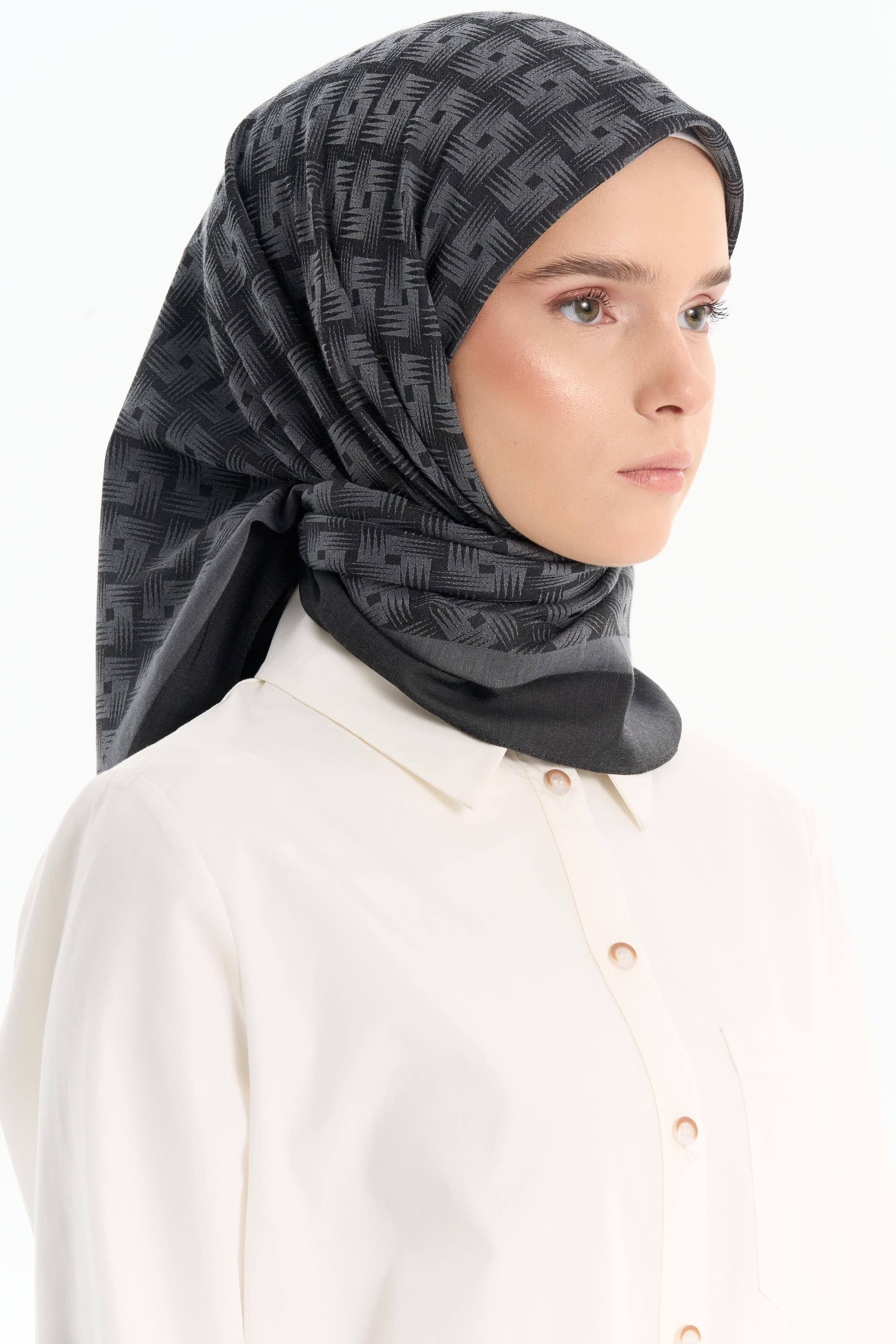 Geometrik Desen Pamuk Eşarp - Antrasit TUGBA