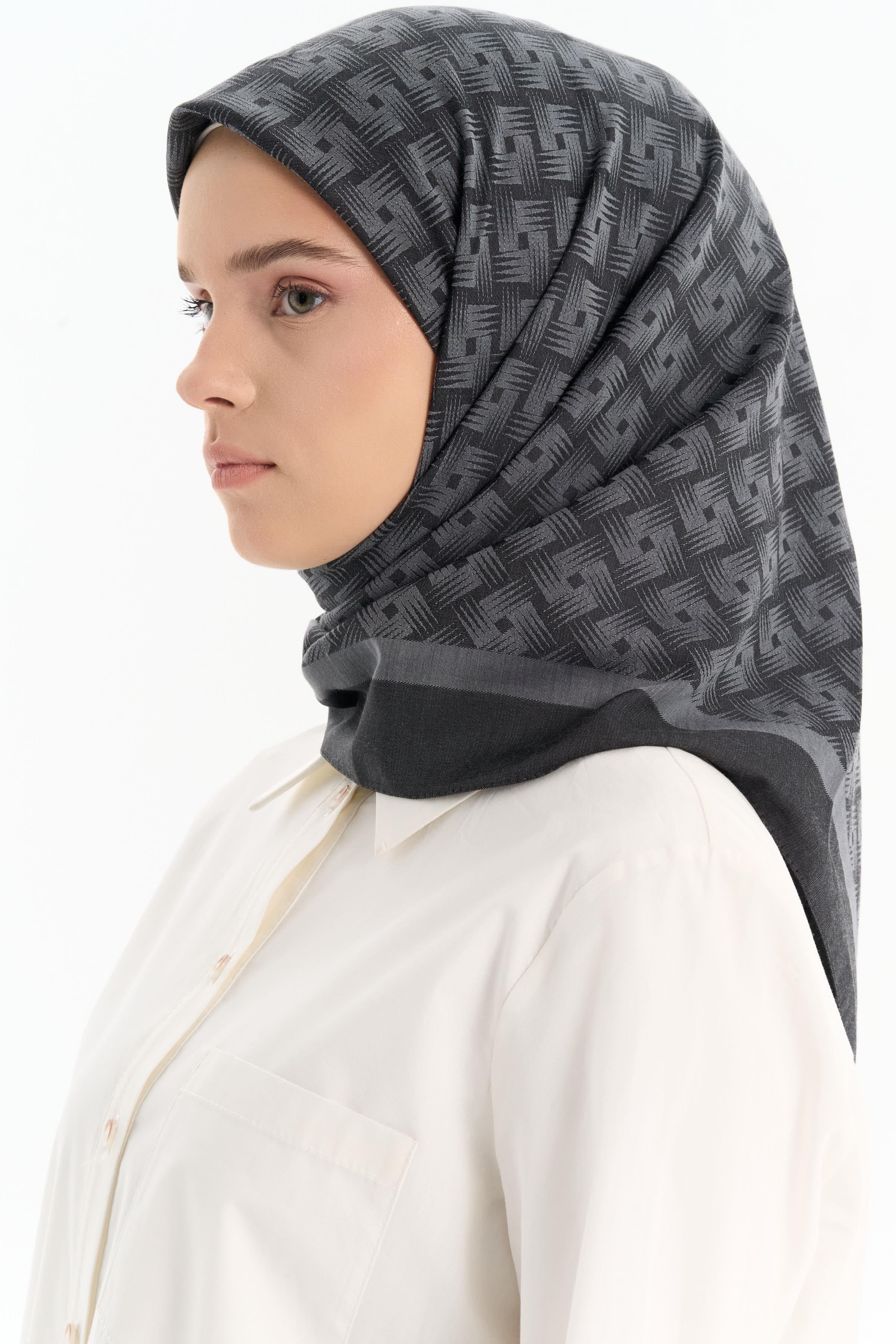 Geometrik Desen Pamuk Eşarp - Antrasit TUGBA