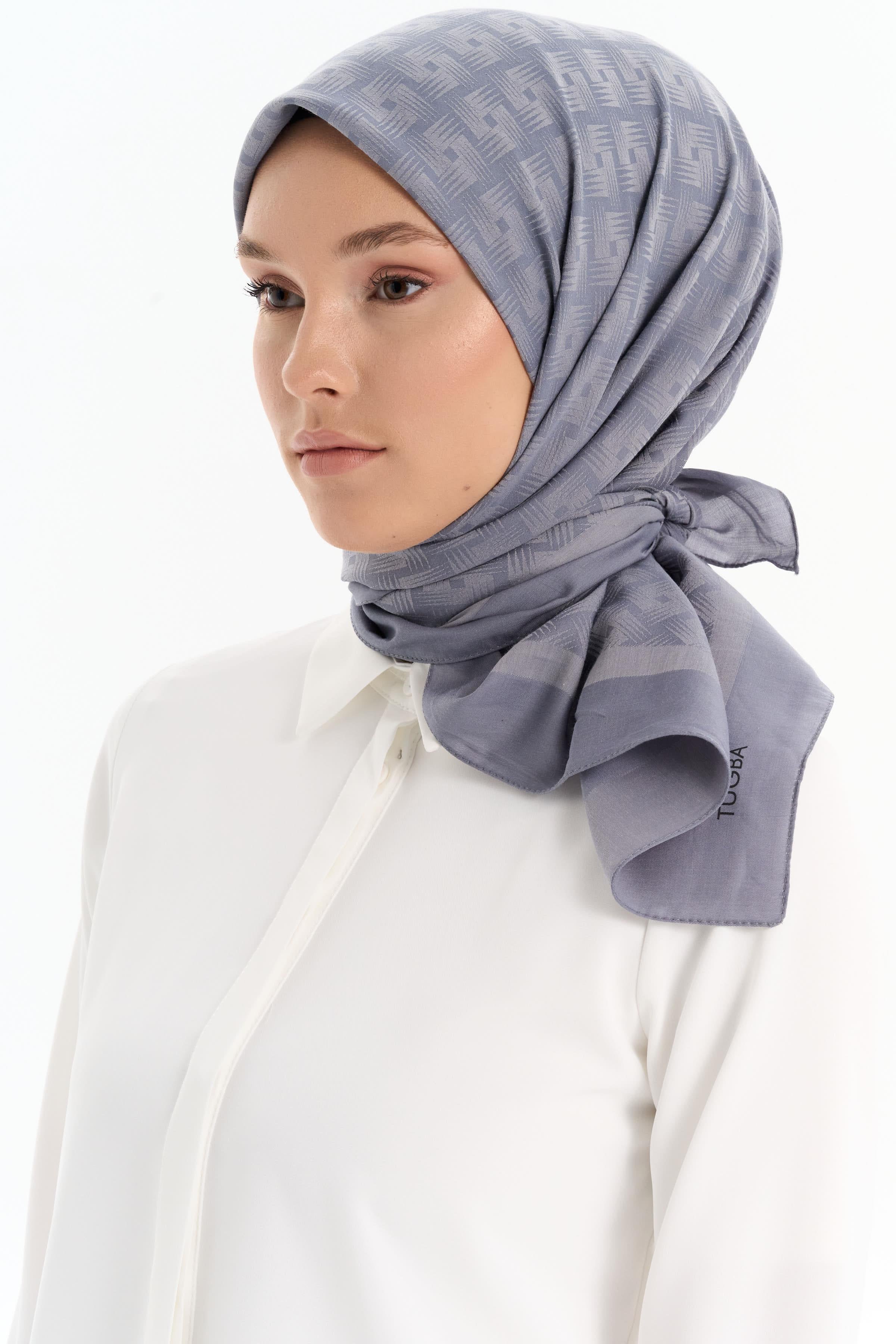 Geometrik Desen Pamuk Eşarp - Koyu Gri TUGBA