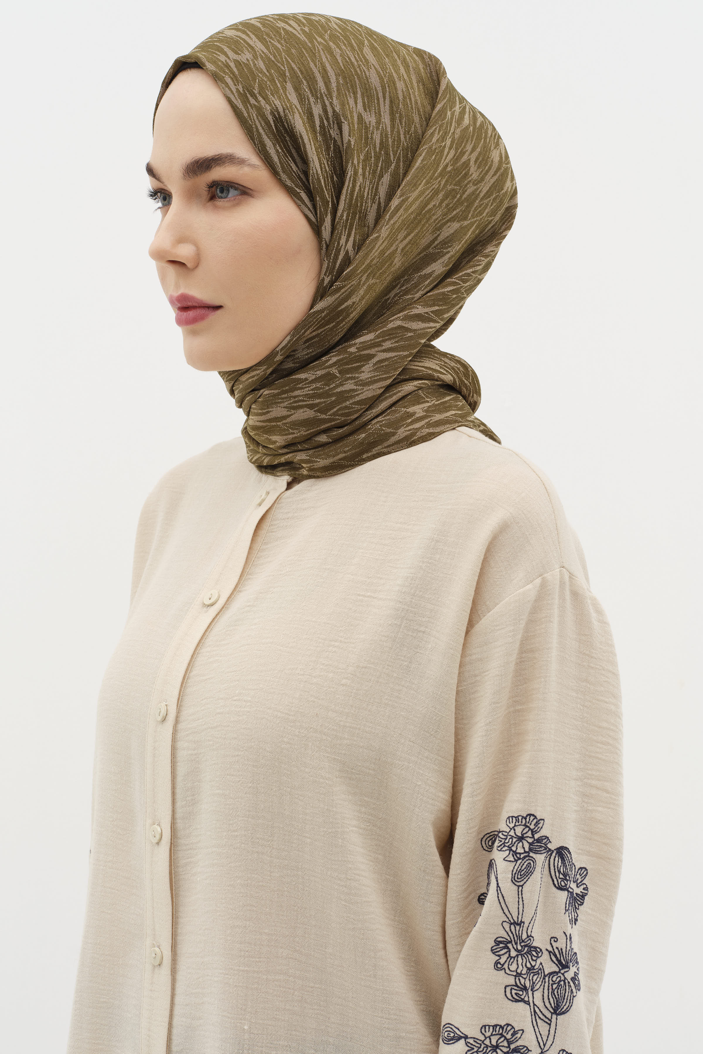 Karışık Desenli Floş Şal - Haki TUGBA