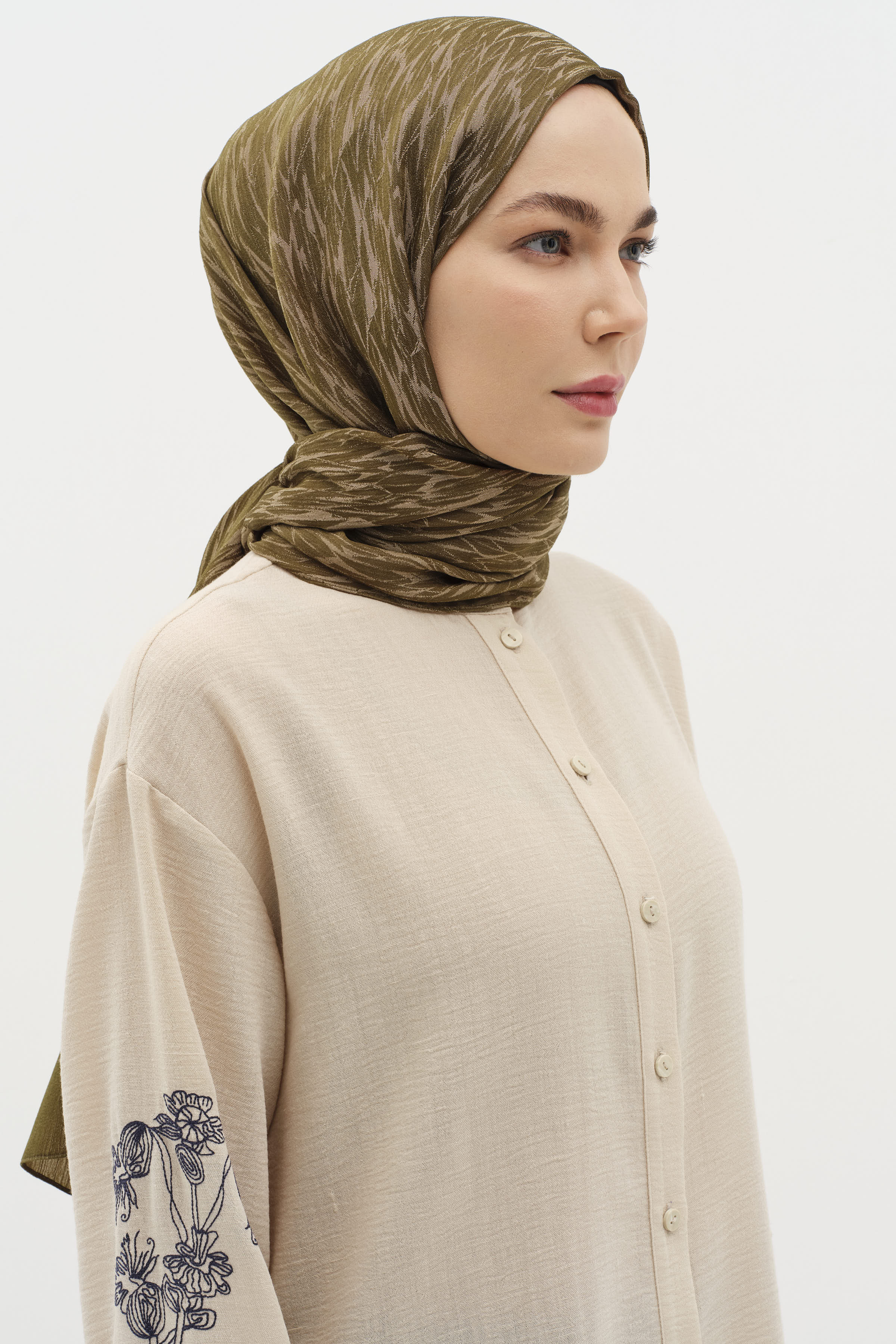 Karışık Desenli Floş Şal - Haki TUGBA